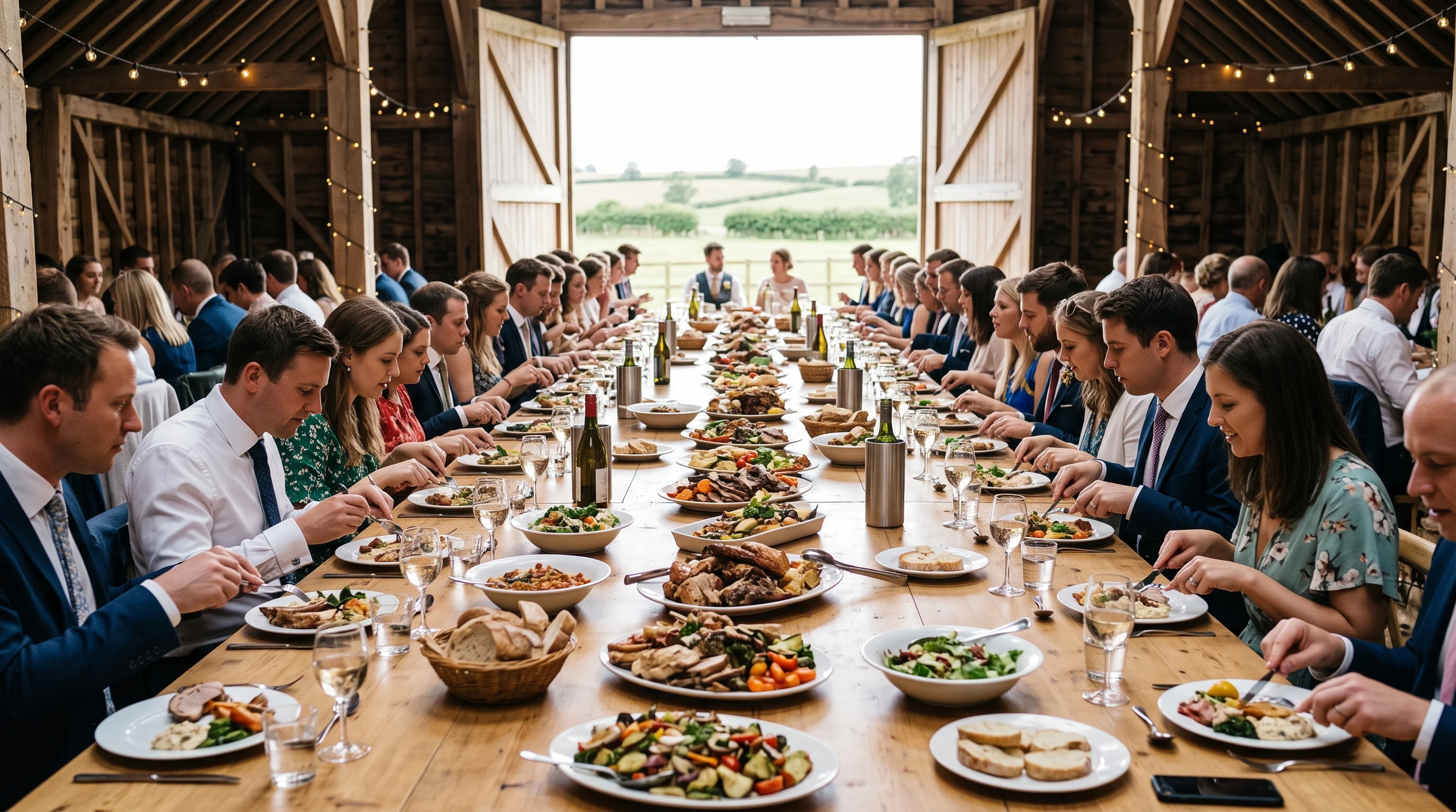 A long wedding table mid-feast inside a Norfolk barn, boards of food passing between guests, doors open to green fields in daylight
