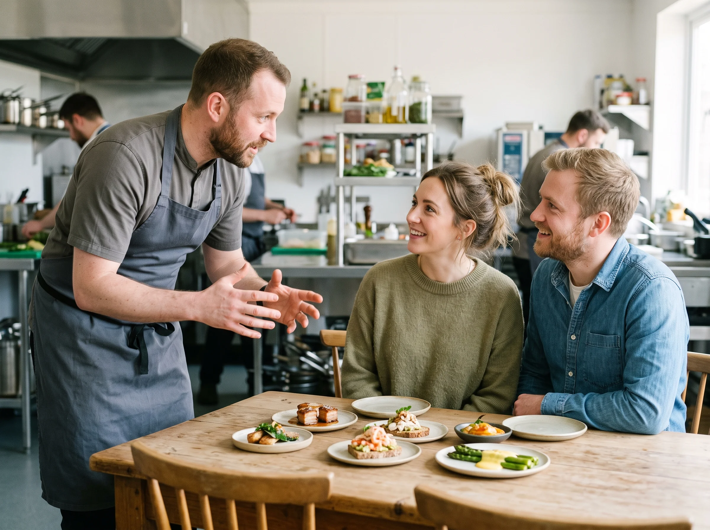 A couple at a table of small tasting plates in the kitchen unit, with Tess leaning in to talk them through a dish in window light
