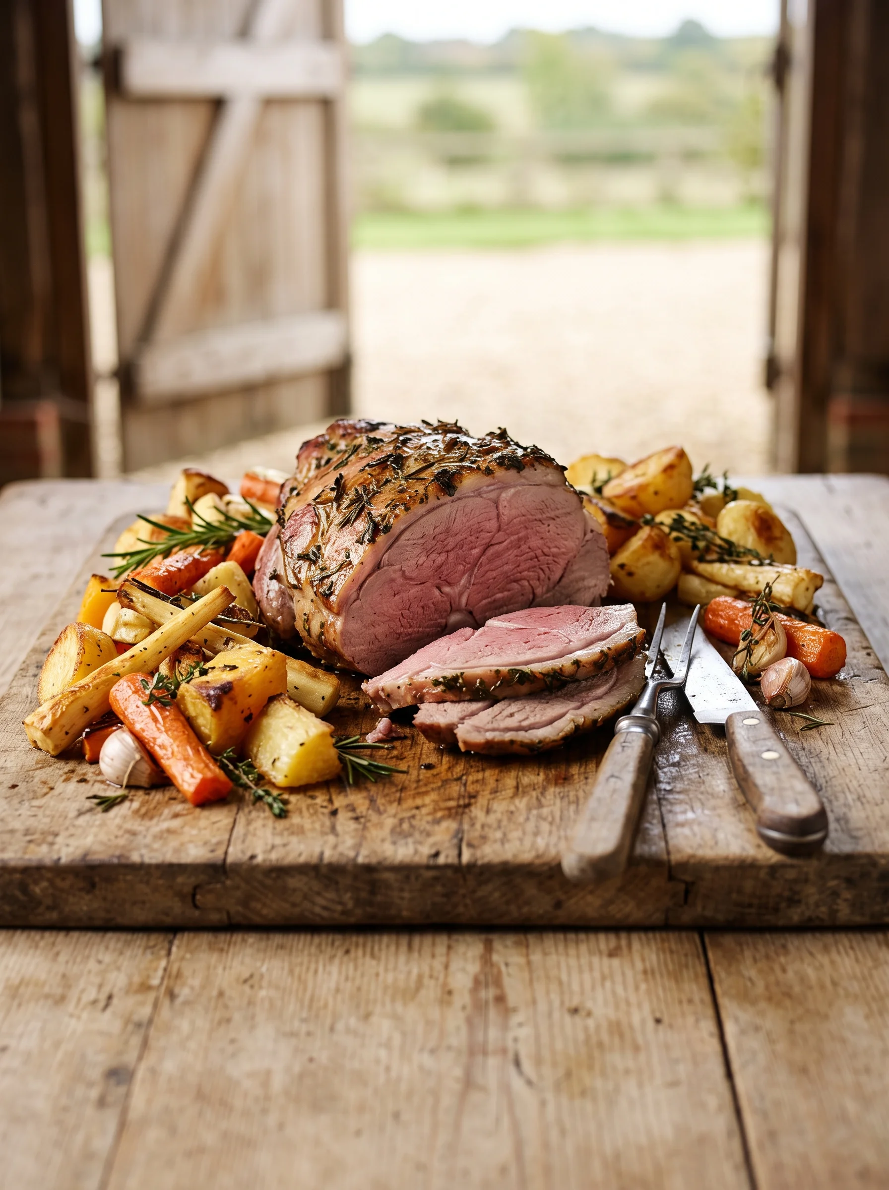A carved shoulder of saltmarsh lamb on a wooden board heaped with roasted roots, in afternoon daylight from open barn doors