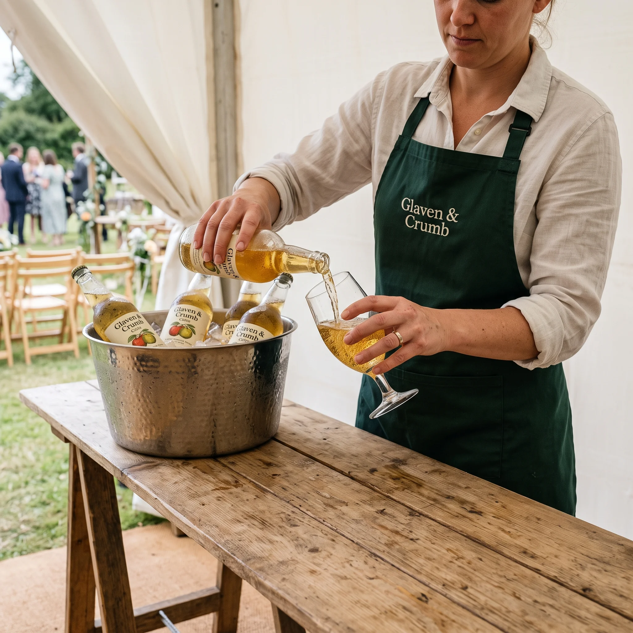 A member of the front-of-house team pouring cider at a trestle bar at the edge of a marquee, with bottles of beer and cider standing in ice