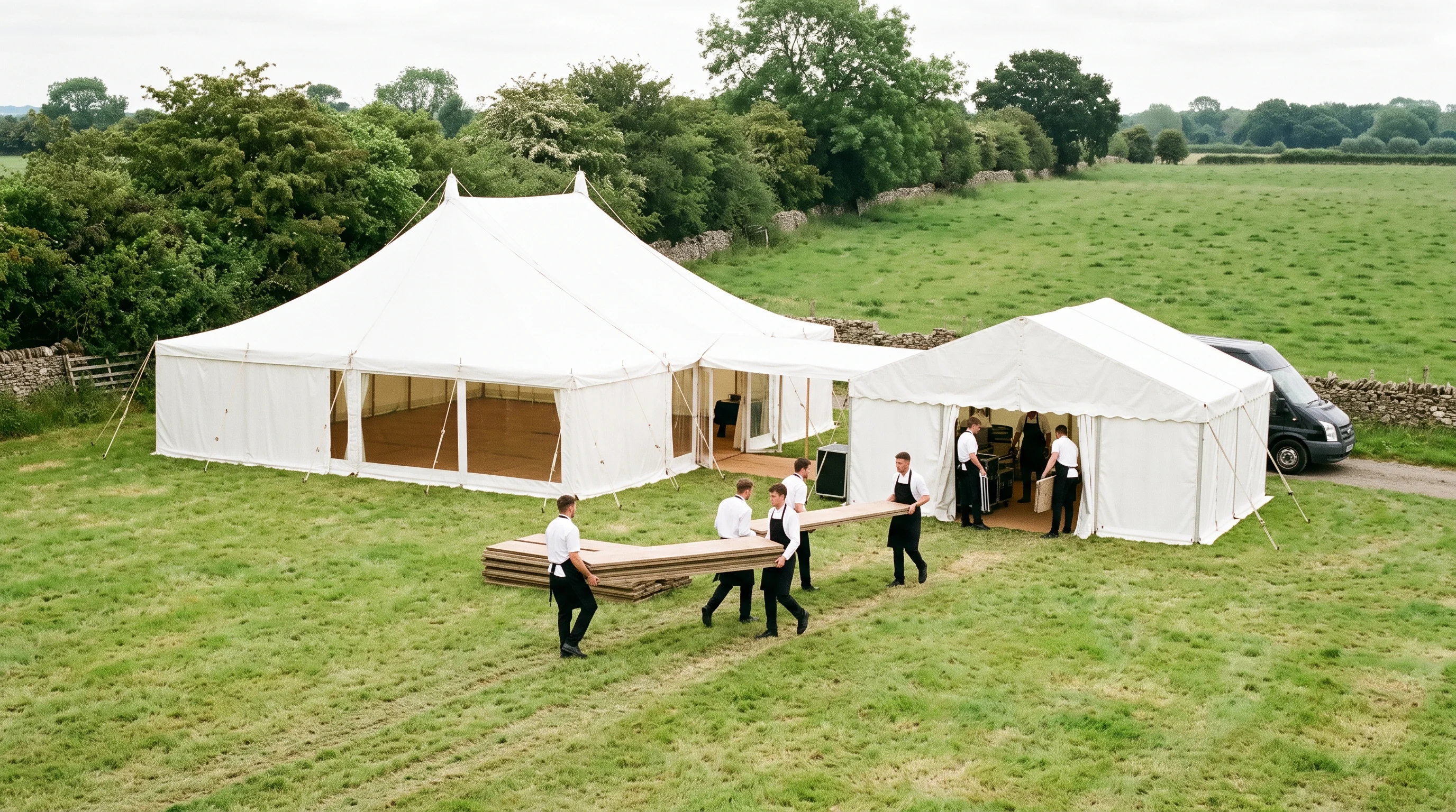 Aerial view of a marquee and a smaller catering tent on a green field with several people carrying wooden boards across the grass.