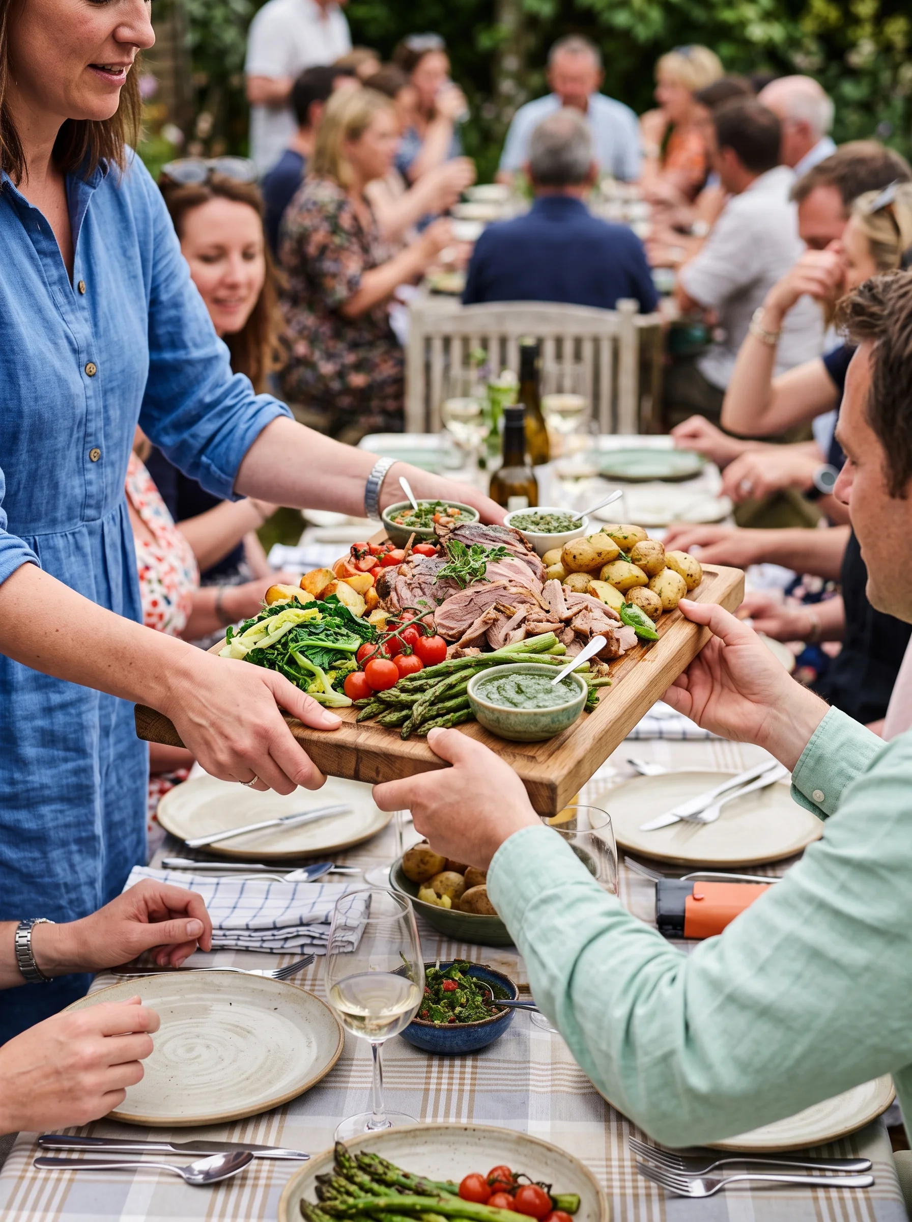 A crowded wooden board of pulled lamb and roast vegetables being passed between guests at a garden birthday table in daylight
