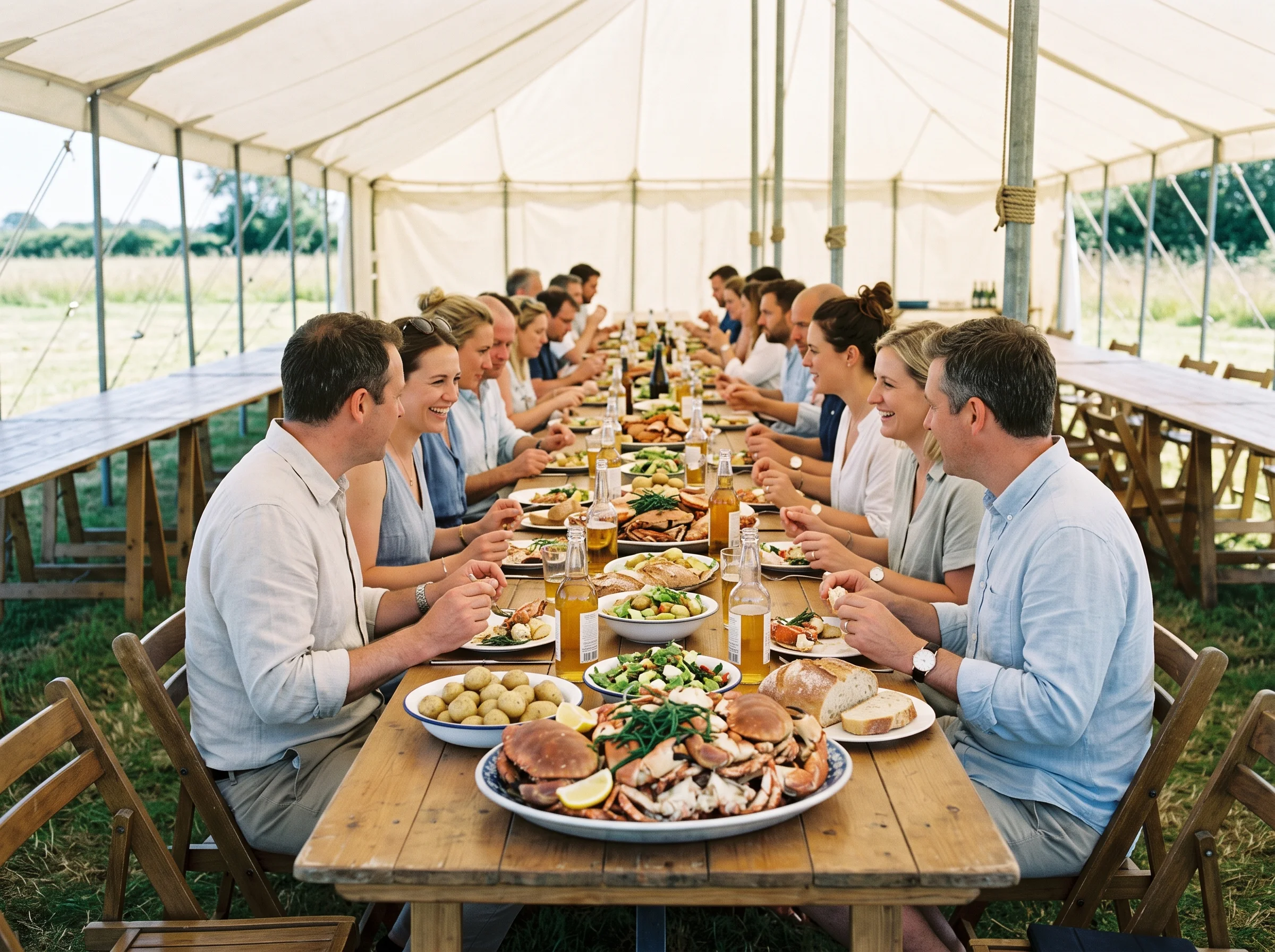 Colleagues in shirtsleeves along long trestle tables under an open marquee, with platters of dressed crab and bottles of cider down the middle in bright sun