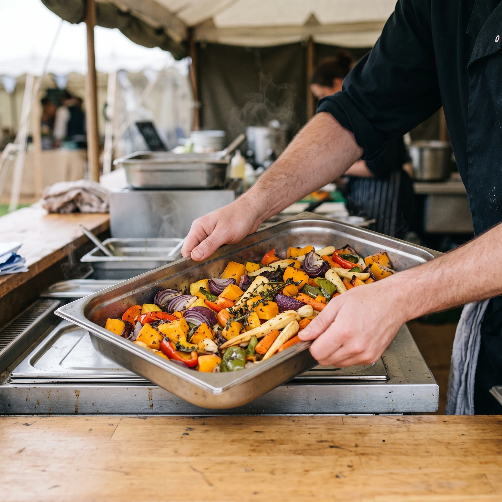 A chef's hands lifting a steaming tray of roast roots onto a steel table at a field kitchen under a gazebo