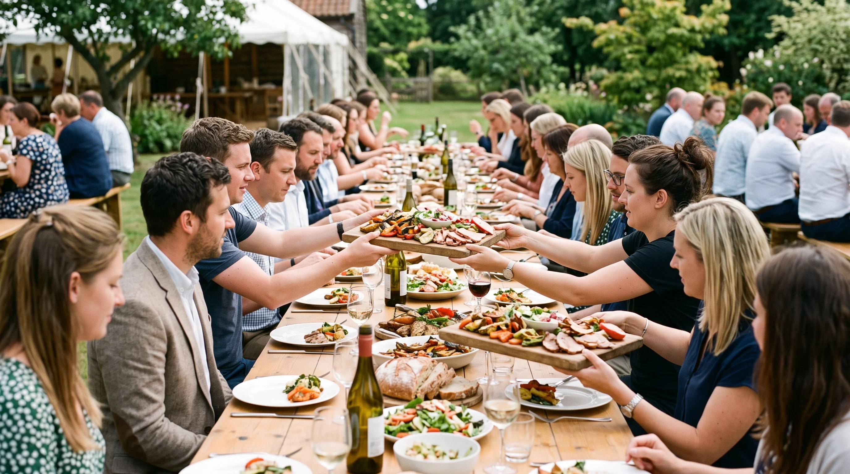 Colleagues seated along a long outdoor trestle table passing boards of ham and bowls of salad at a company lunch in daylight