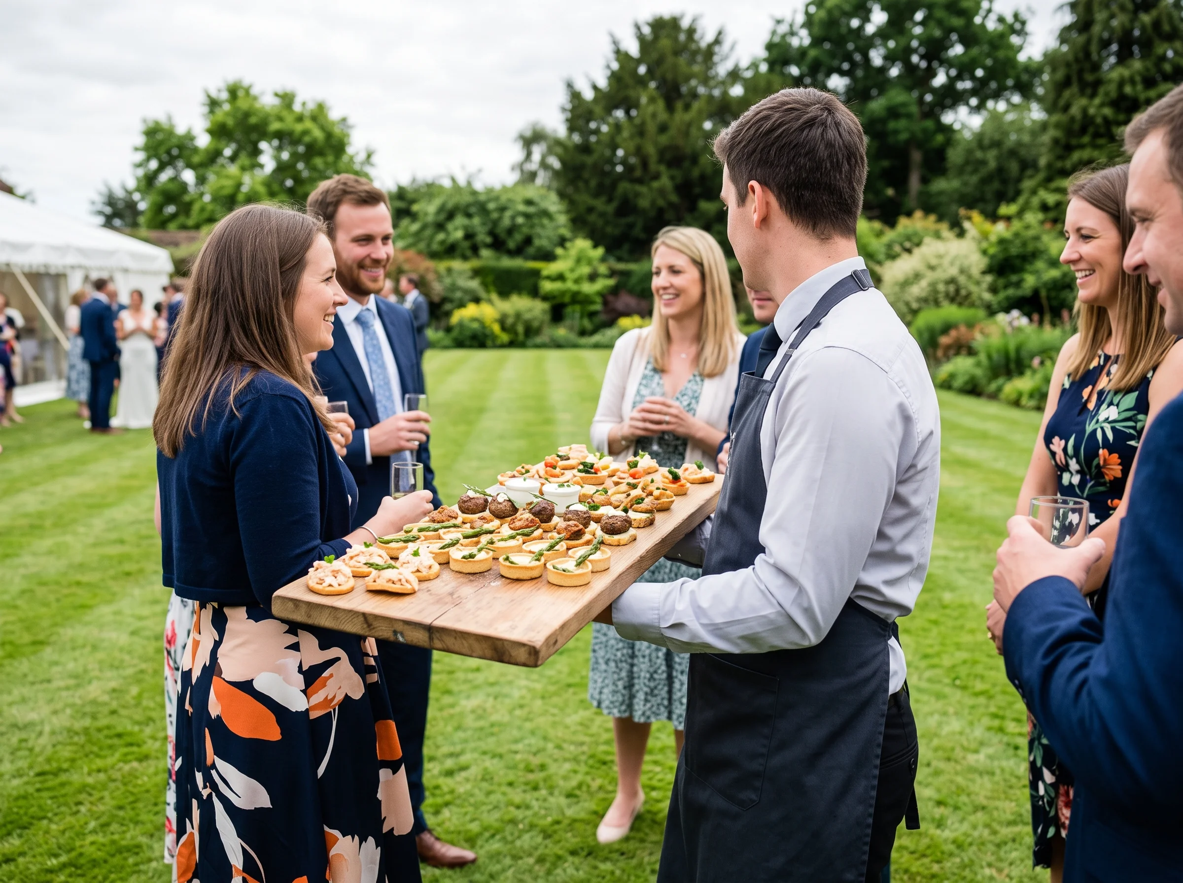 A server offering a wooden board of canapés to guests on a lawn under bright overcast daylight