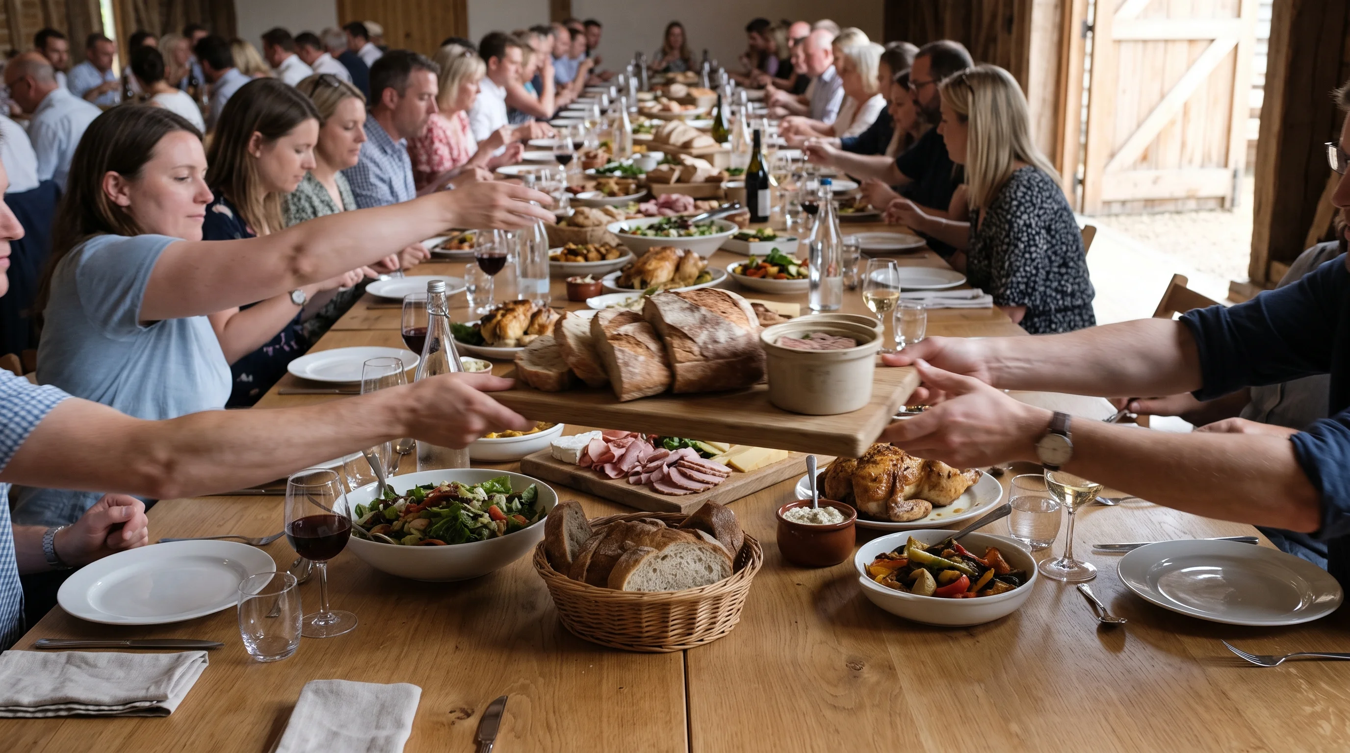 A long barn table at full feast with boards of lamb and bowls of salad passing between guests in daylight