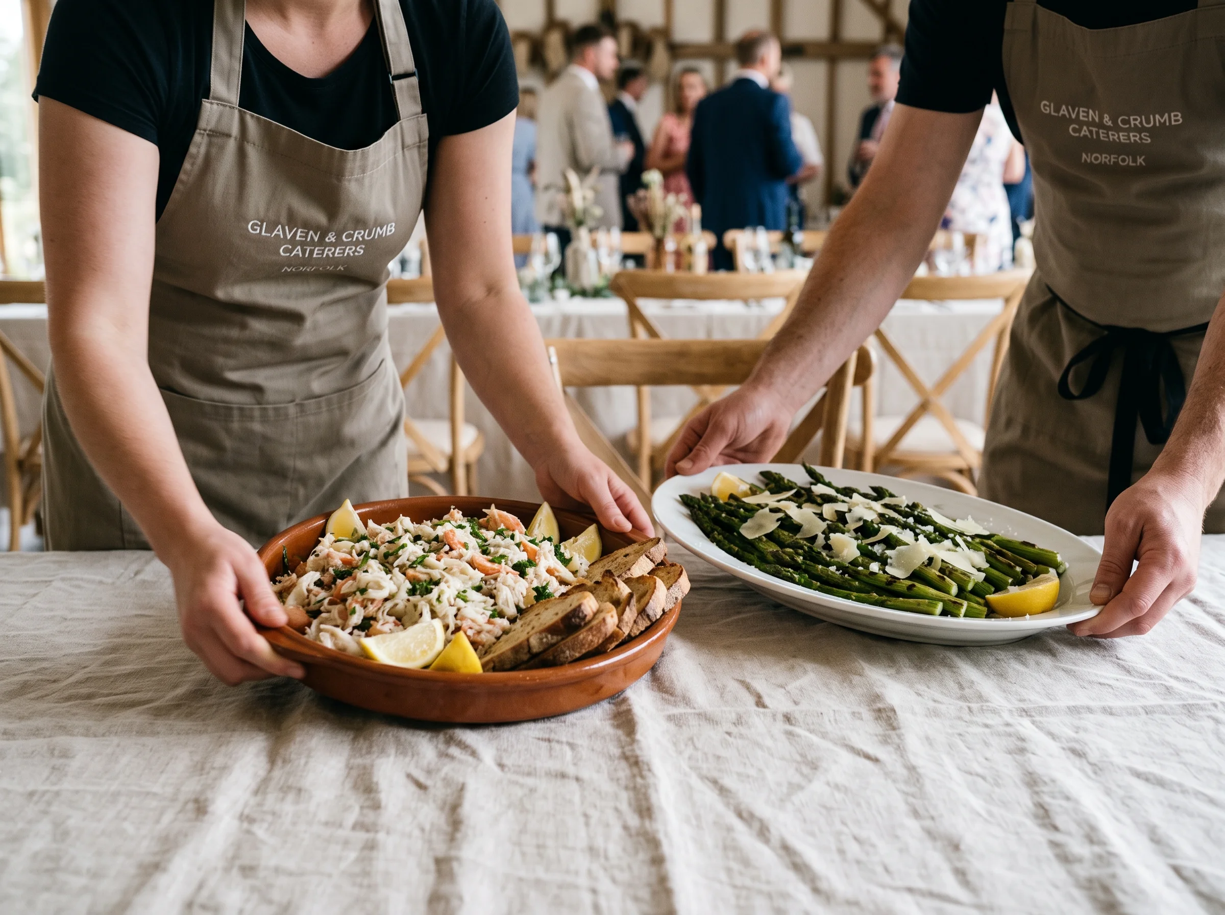 Servers' hands setting platters of dressed crab and asparagus down on a linen table as guests make room