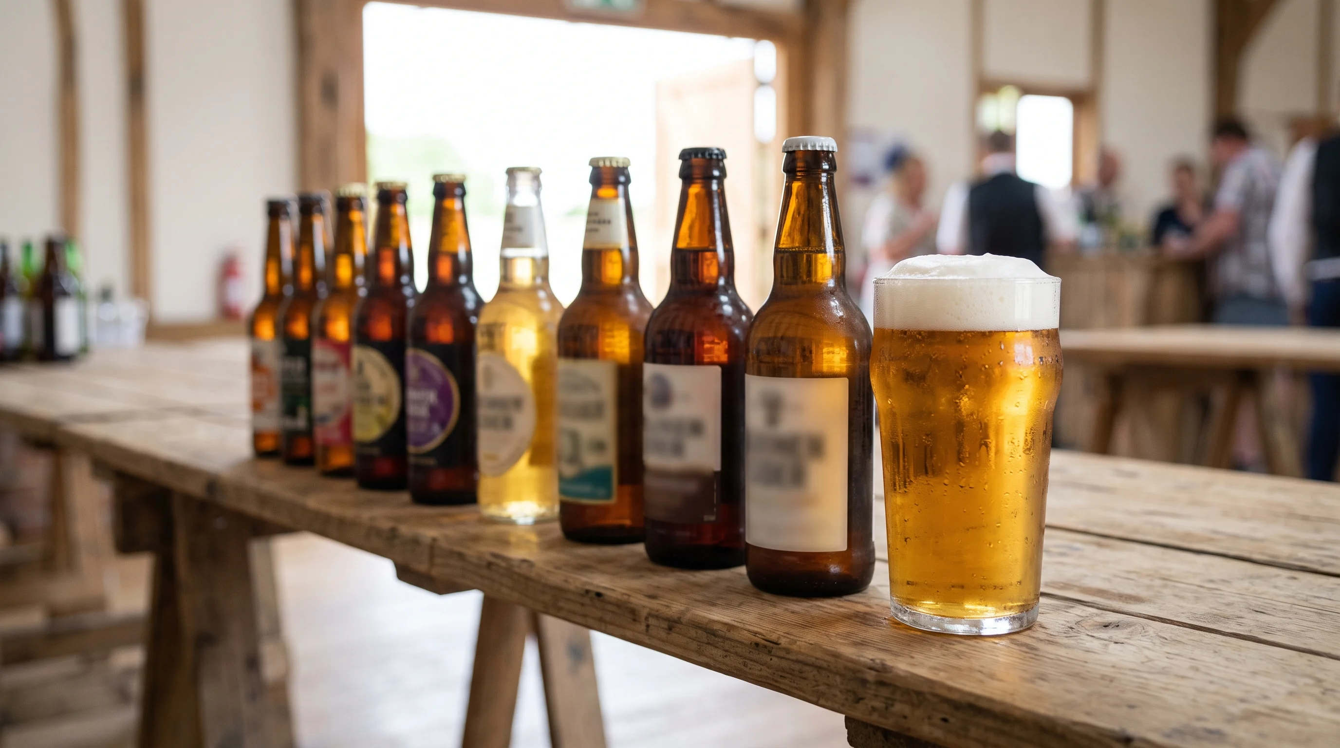 A row of local beer and cider bottles and a freshly pulled pint with condensation on the glass, on a trestle bar in a barn doorway in daylight