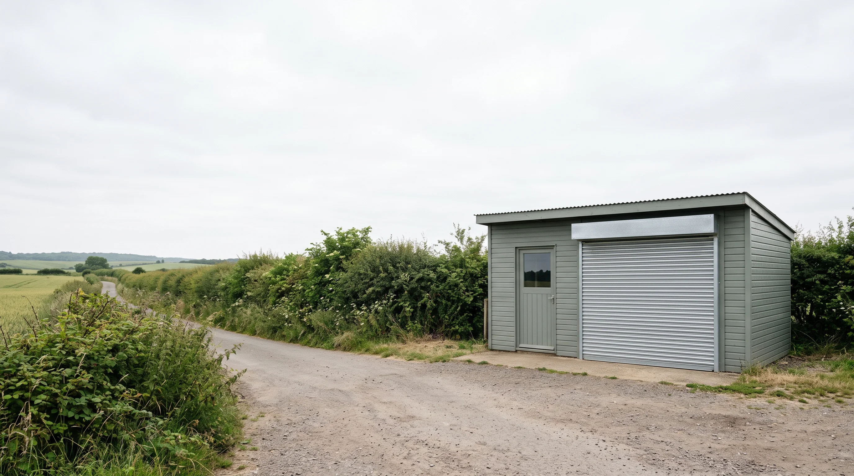 A green shed with a roller door and a side door stands beside a gravel lane in a rural area under an overcast sky.
