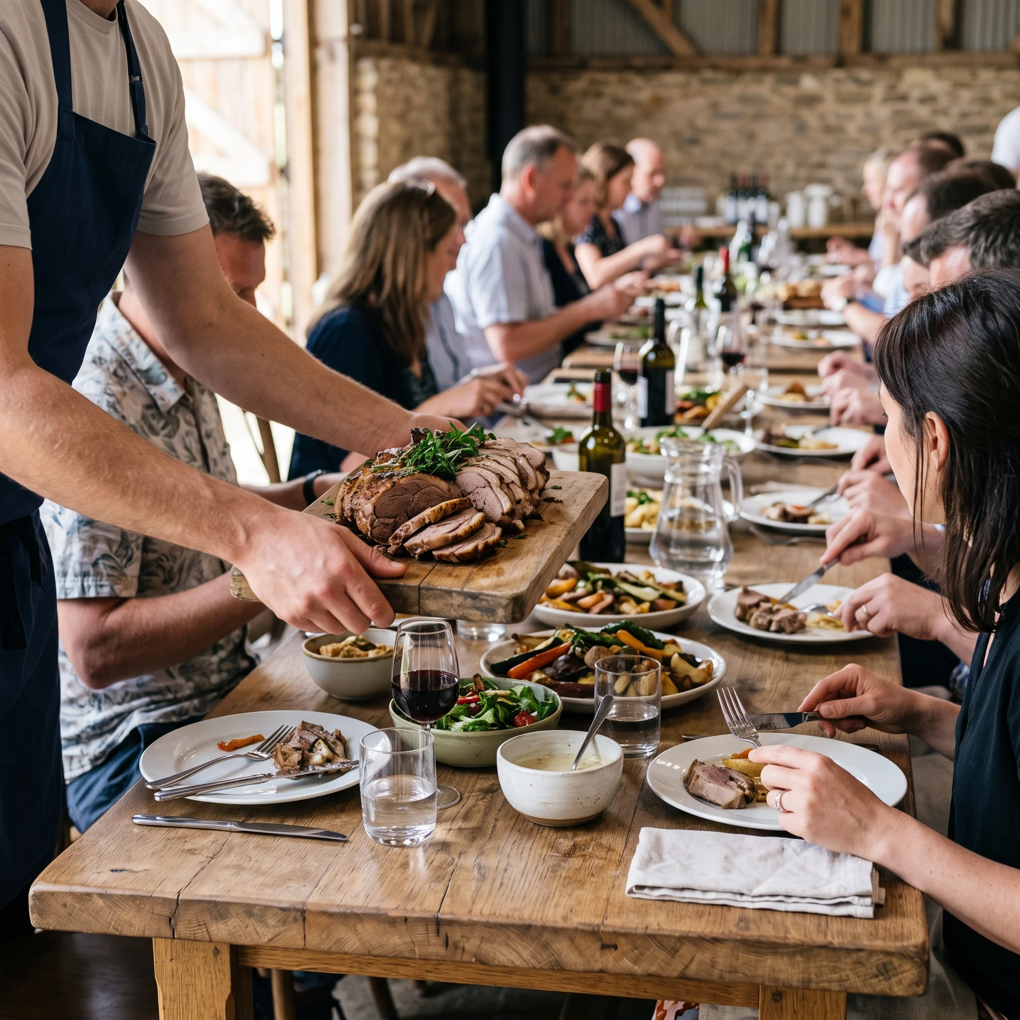 A server's hands setting a wooden board of carved lamb down a long barn table between seated guests in daylight