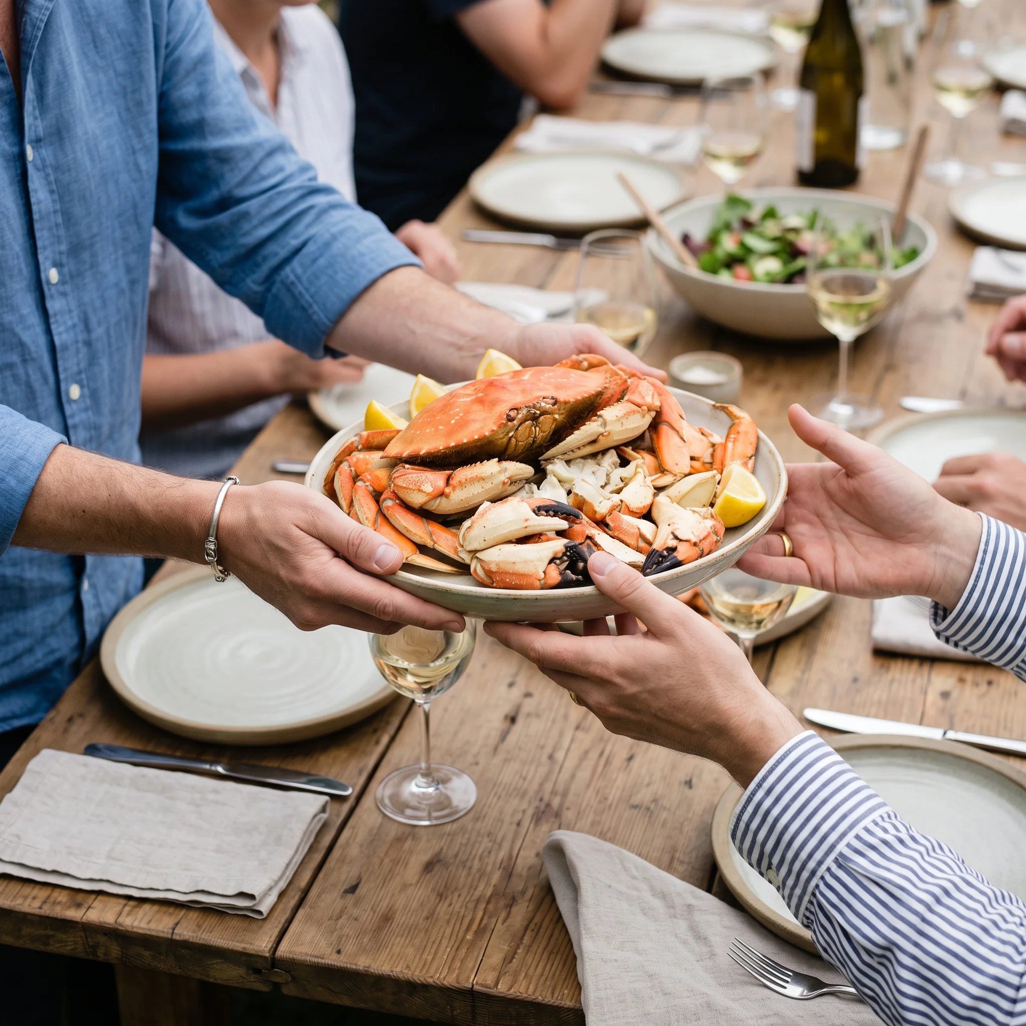 Guests' hands passing a platter of dressed crab along a wooden table.