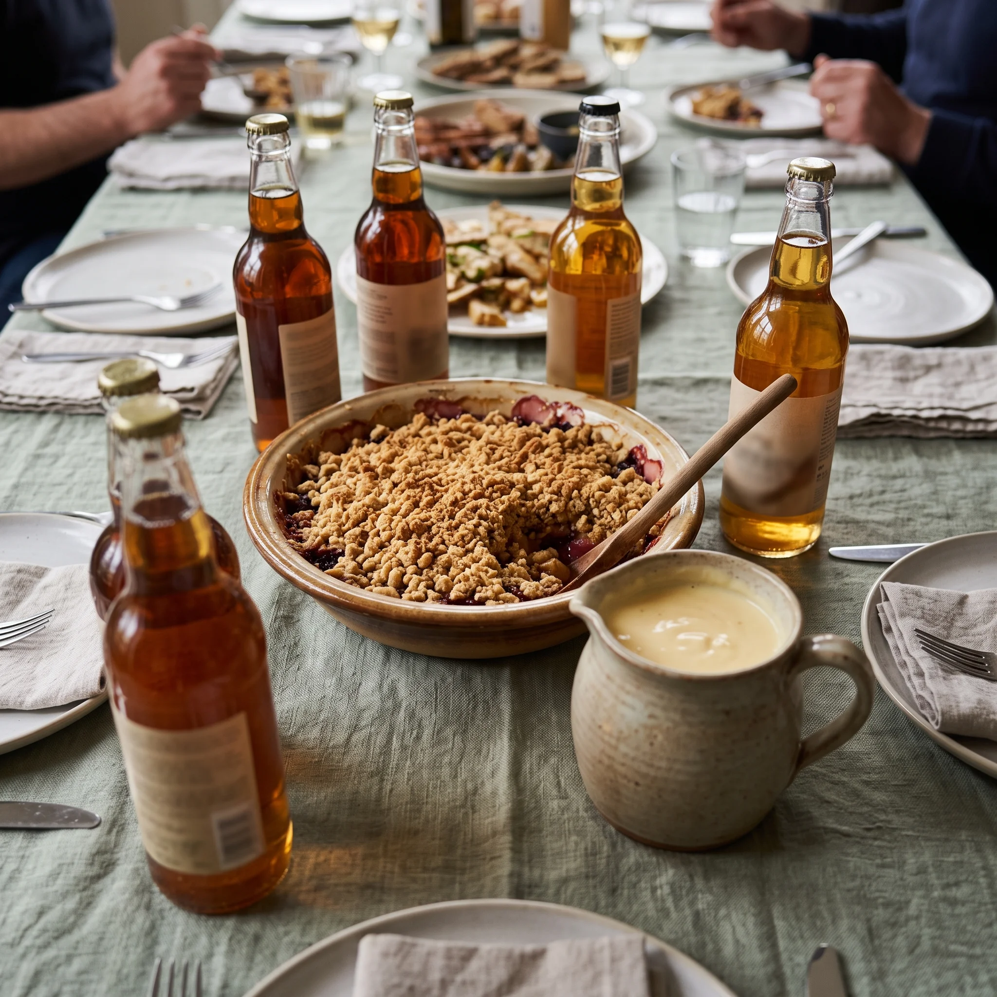 A dish of apple and blackberry crumble with a jug of custard and bottles of cider on a linen-covered table, seen from above