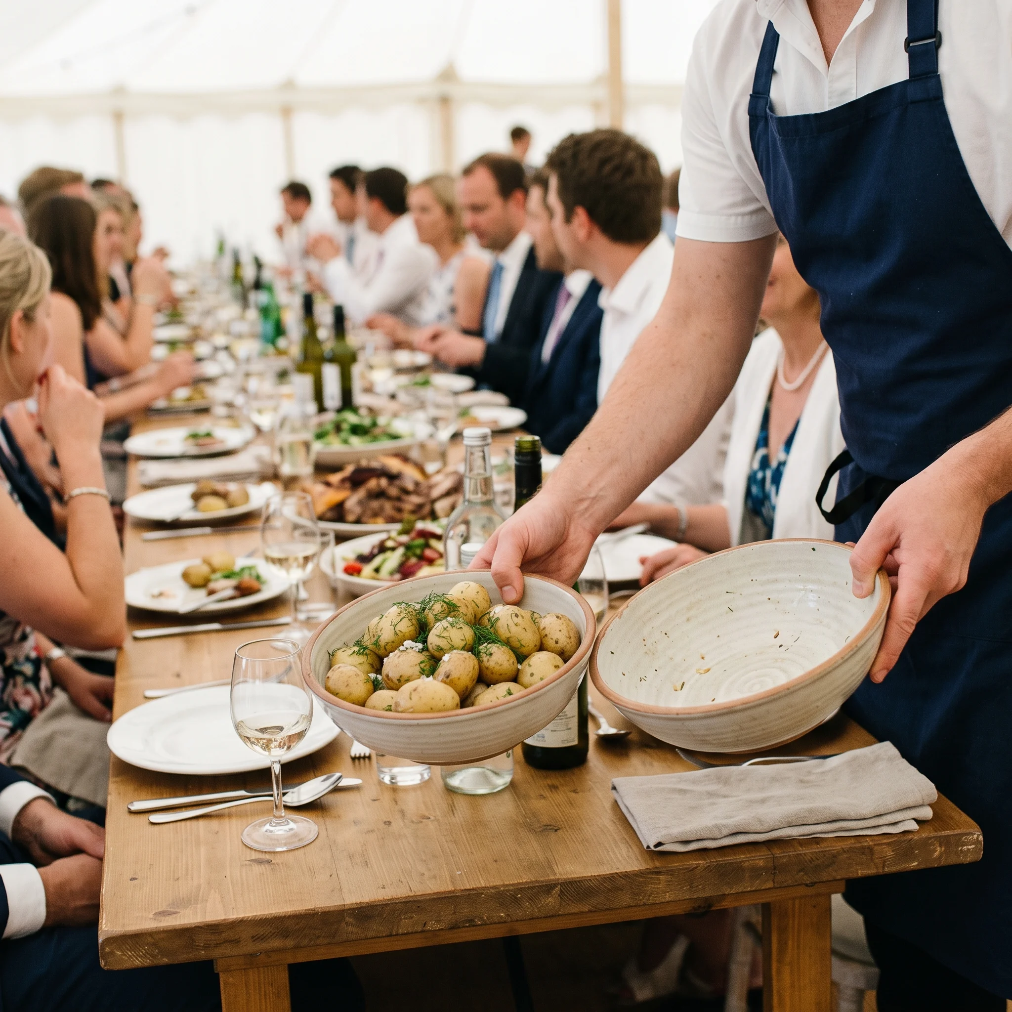 A server in an apron swapping an empty bowl for a full bowl of buttered new potatoes at the edge of a long table