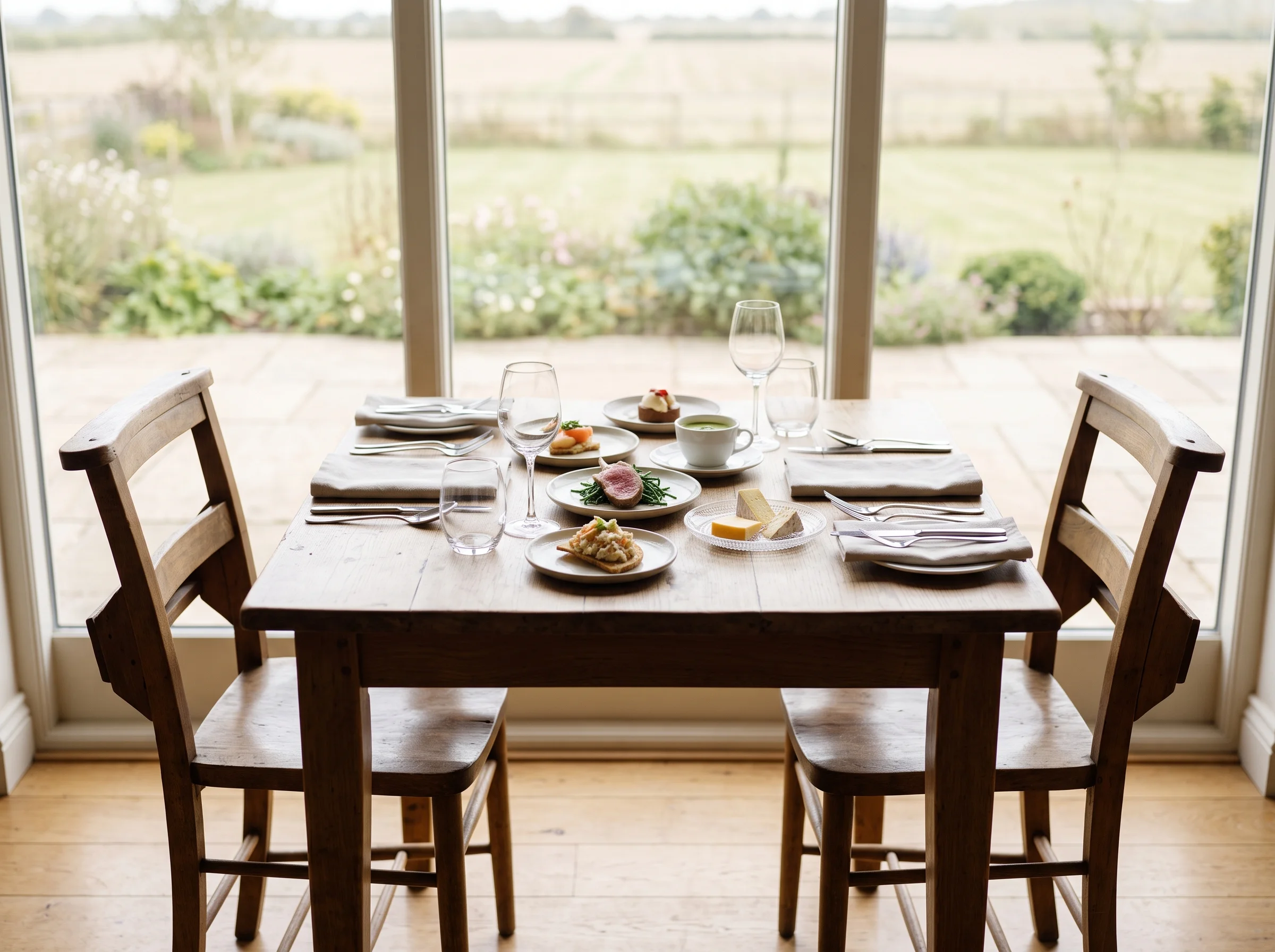 A tasting table of small plates laid for two beside a bright window at the kitchen unit, two chairs pulled out