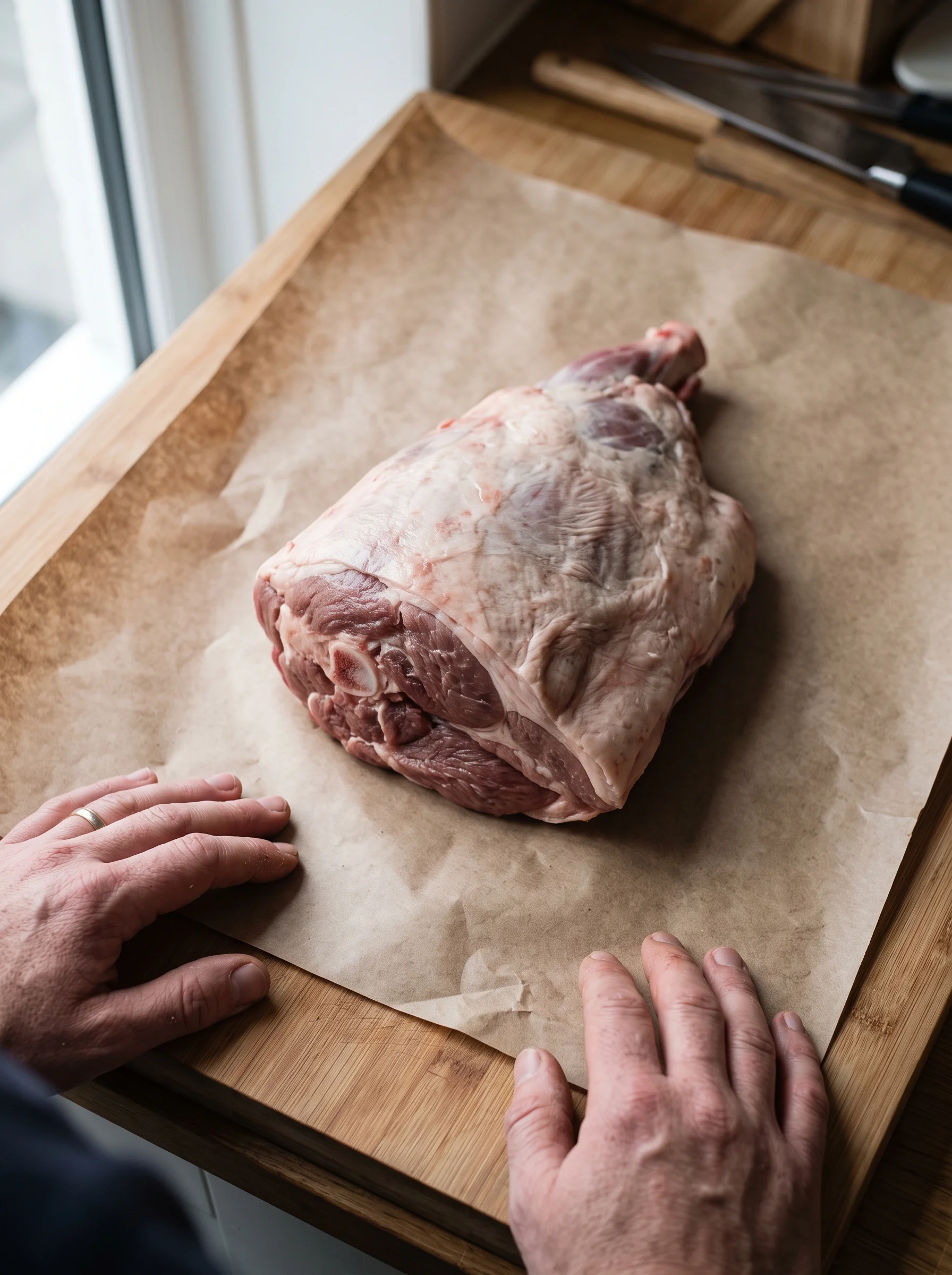 A raw lamb shoulder with a scored fat cap resting on butcher's paper on a steel bench in morning light