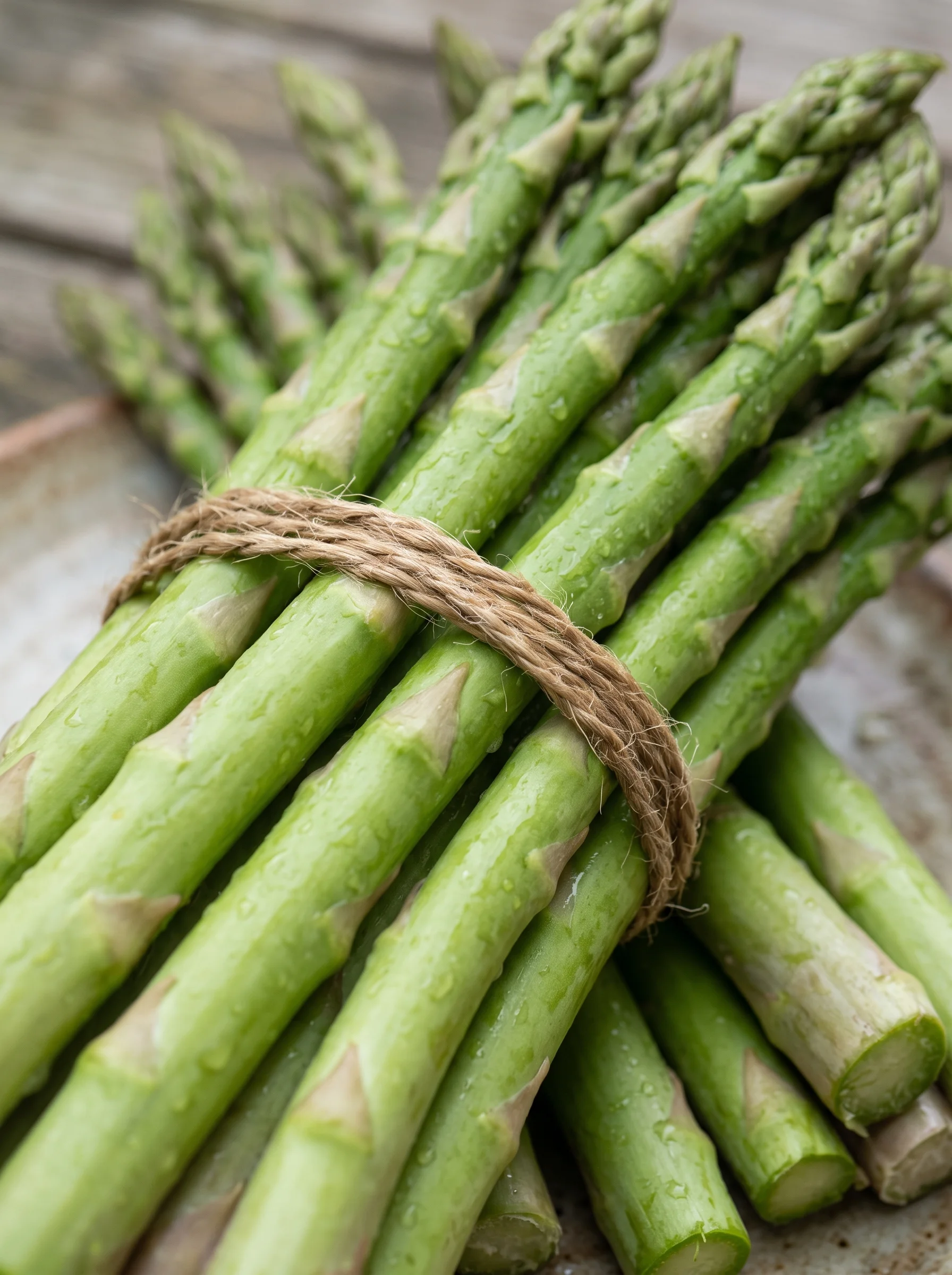 A bundle of wet green asparagus still in its band, standing on a pale surface in morning light