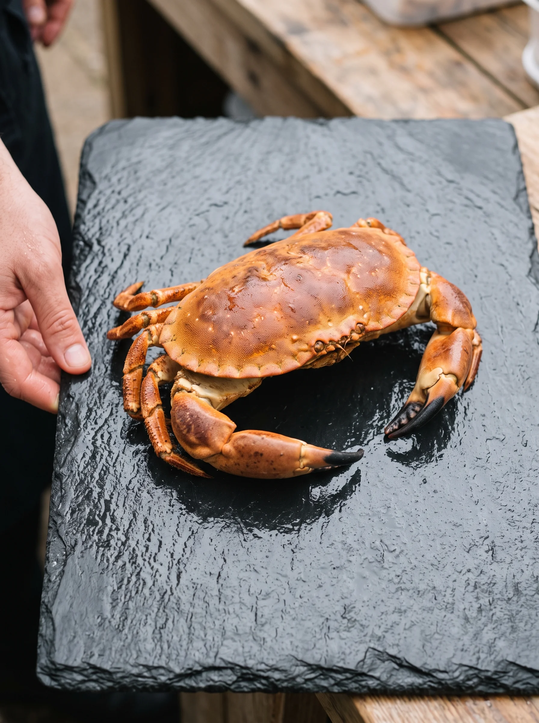 A whole brown crab on wet slate, shell beaded with seawater, in flat morning light
