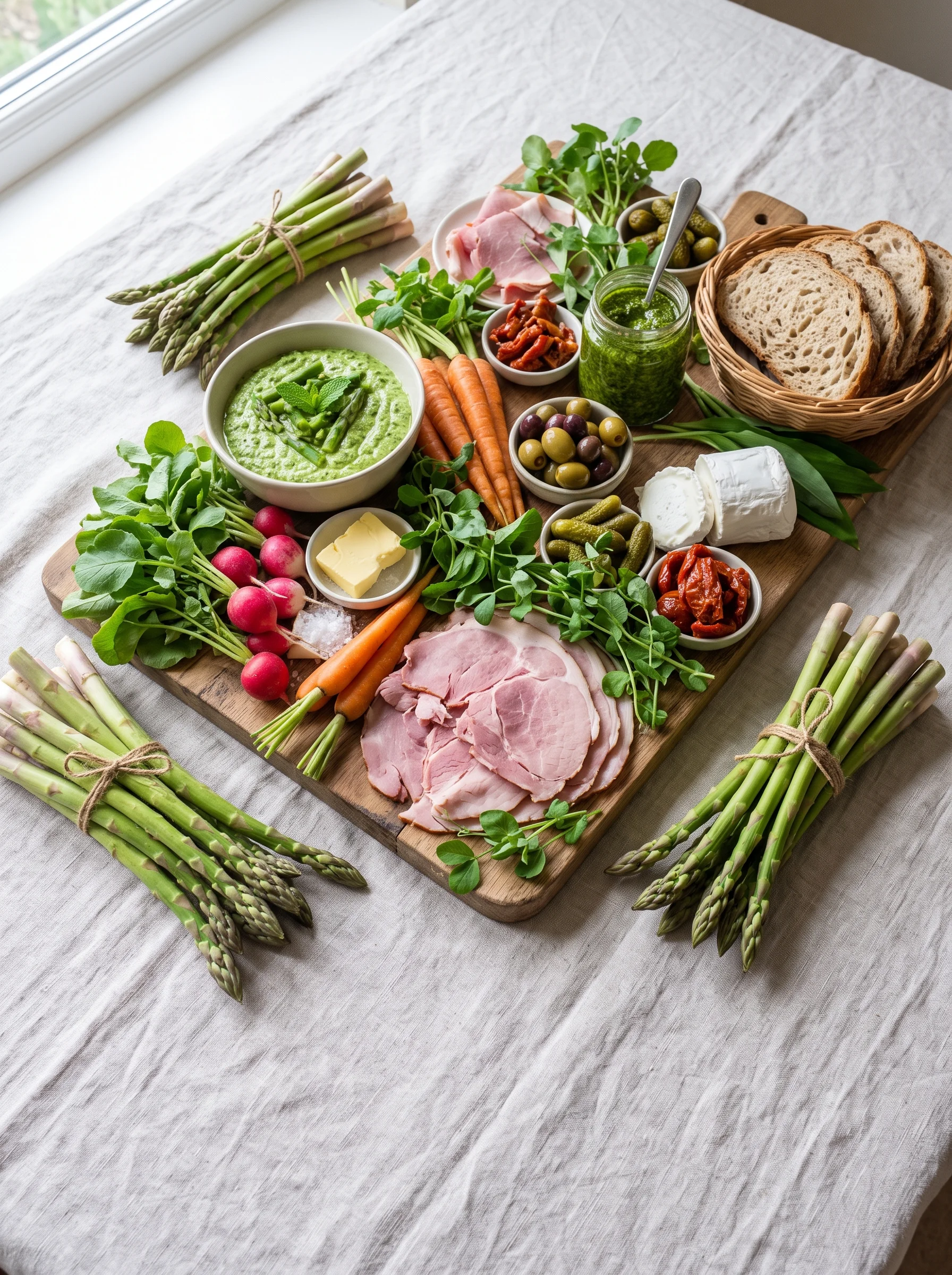 A spring sharing board on pale linen with bundles of green asparagus, ham, bread, butter, radishes, carrots, dip, olives, and pickles in cool window light.