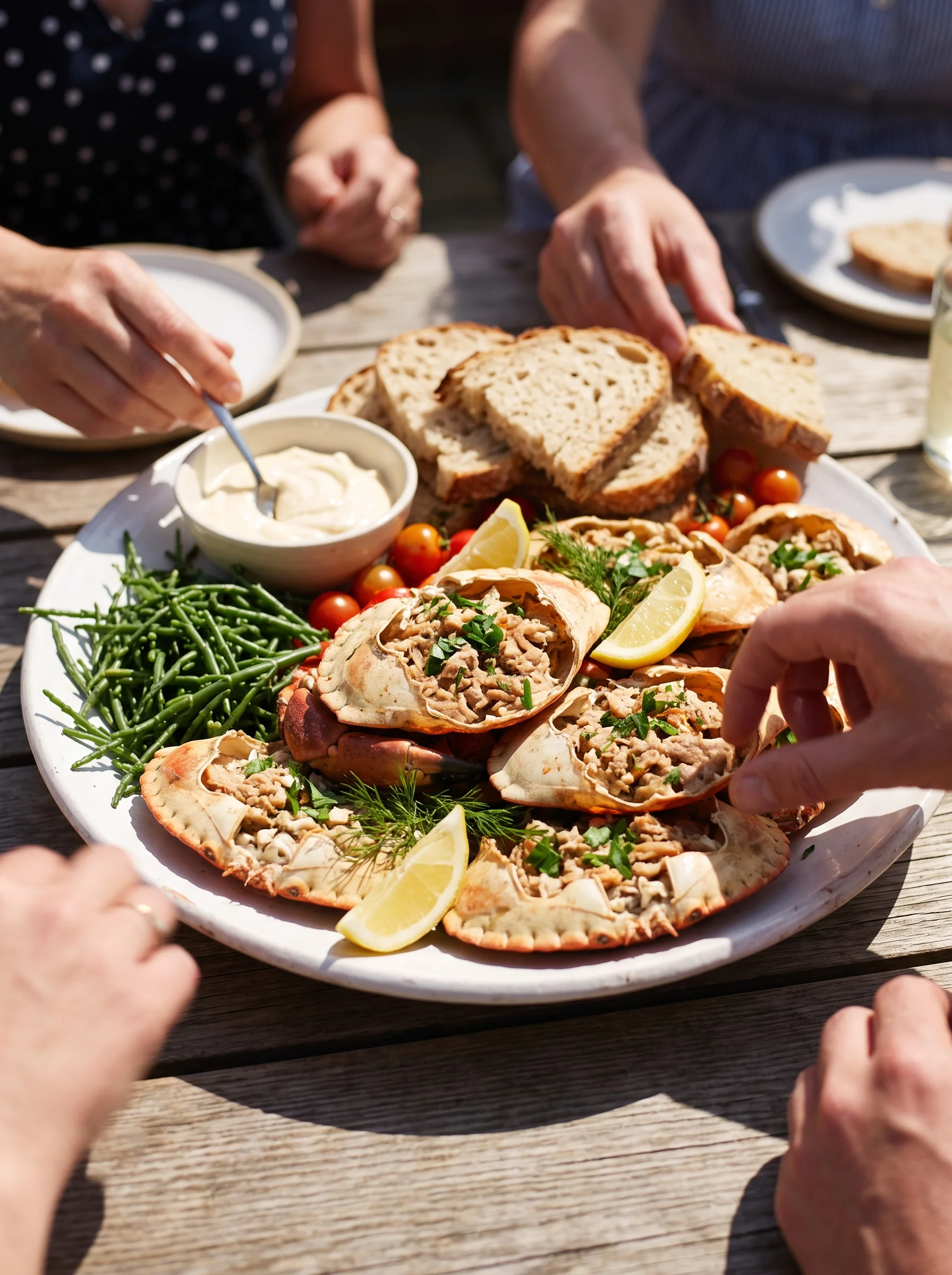 Whole dressed Cromer crabs on a crowded summer platter outdoors in hard midday sun, with lemon, brown bread and hands reaching in