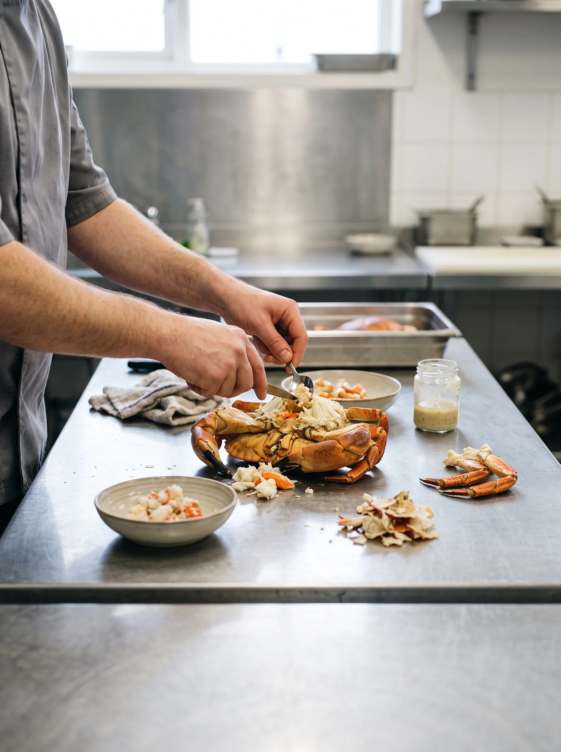 A chef's hands dressing a Cromer crab at a steel bench under daylight from a high window