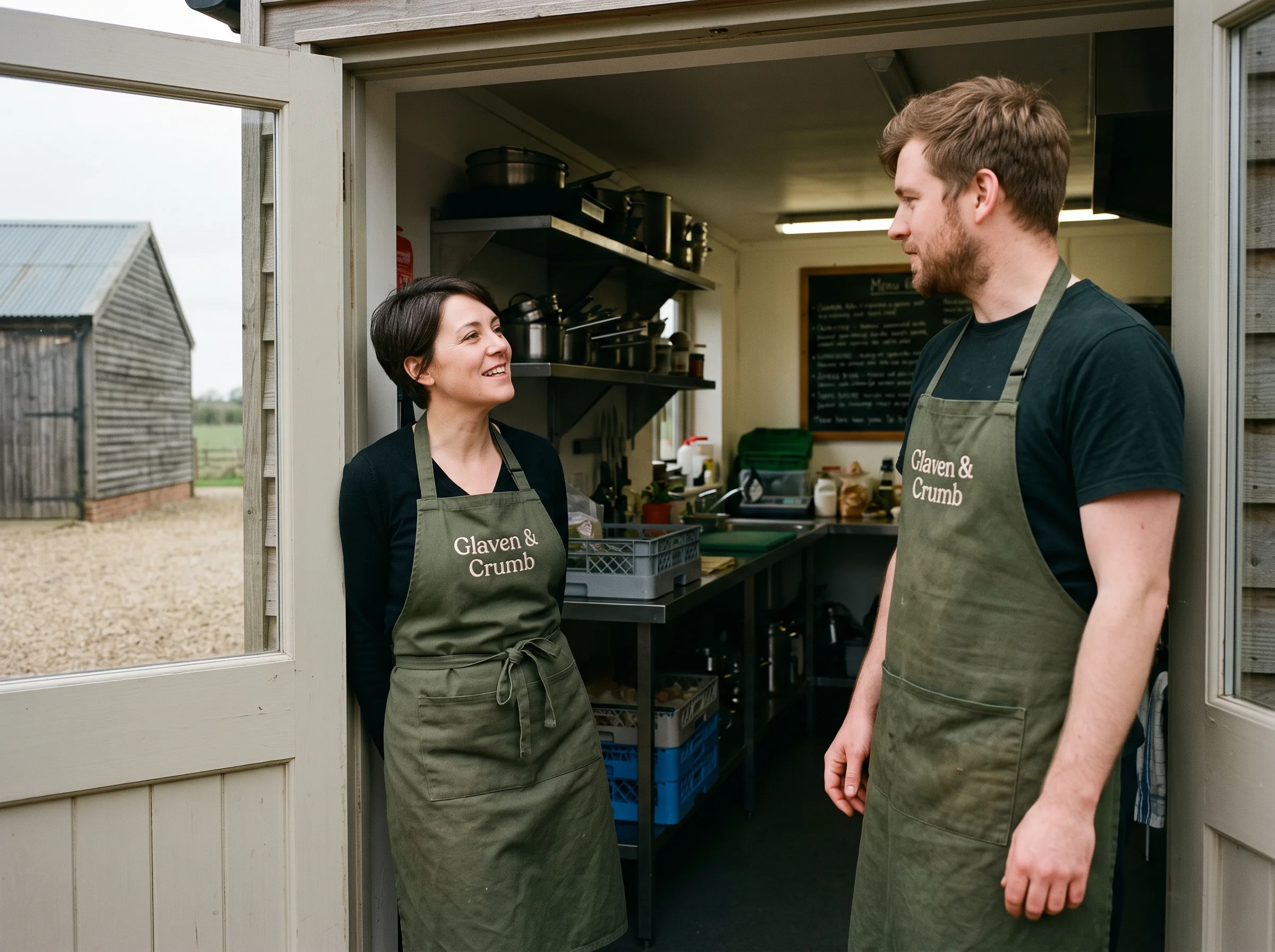 Tess and Joe in aprons talking in the open doorway of the kitchen unit outside Holt in flat daylight