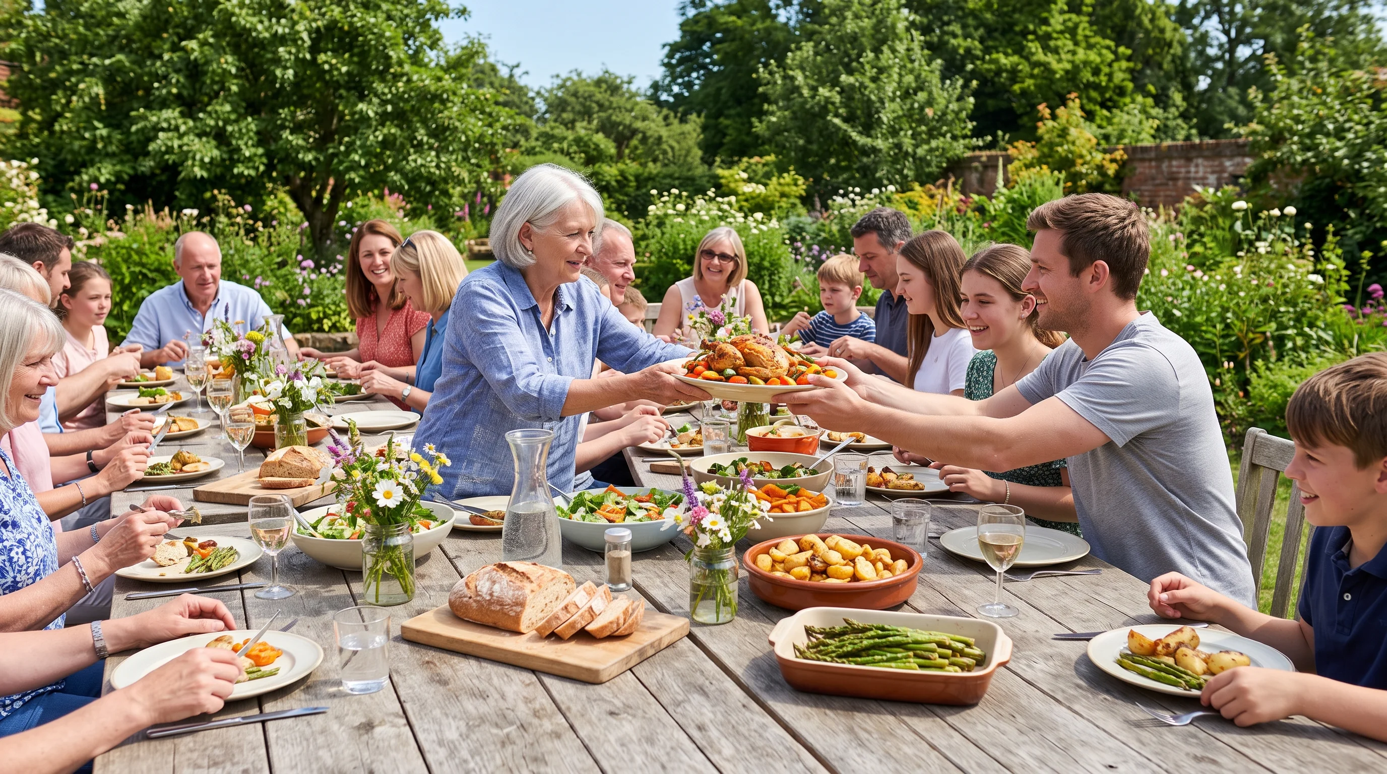 A large group of people of varying ages sit at a long wooden table outdoors in a garden, passing a platter of roasted chicken and vegetables.