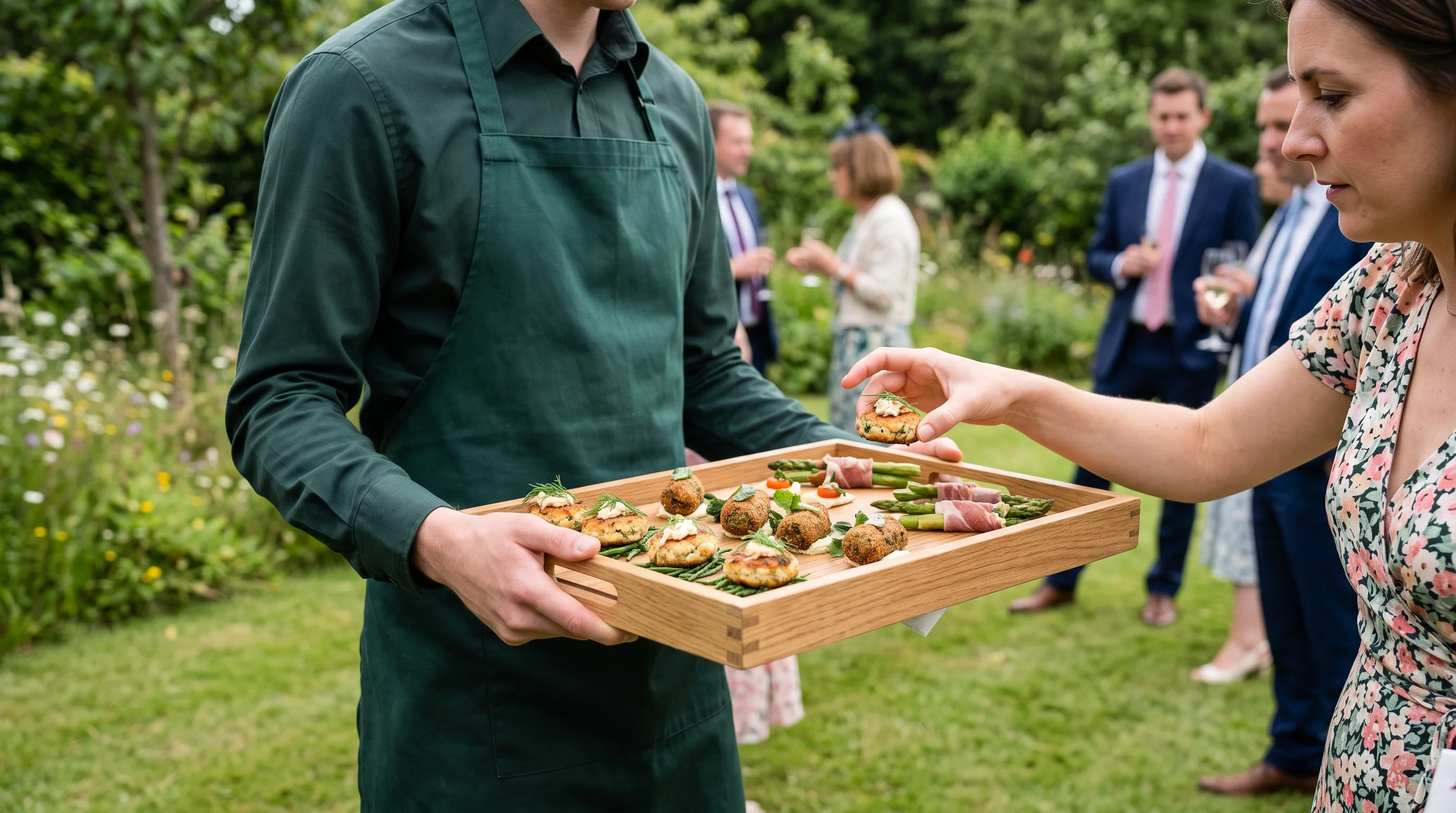 A wooden tray of canapés held out in a walled garden as guests' hands reach in, glasses of cider behind