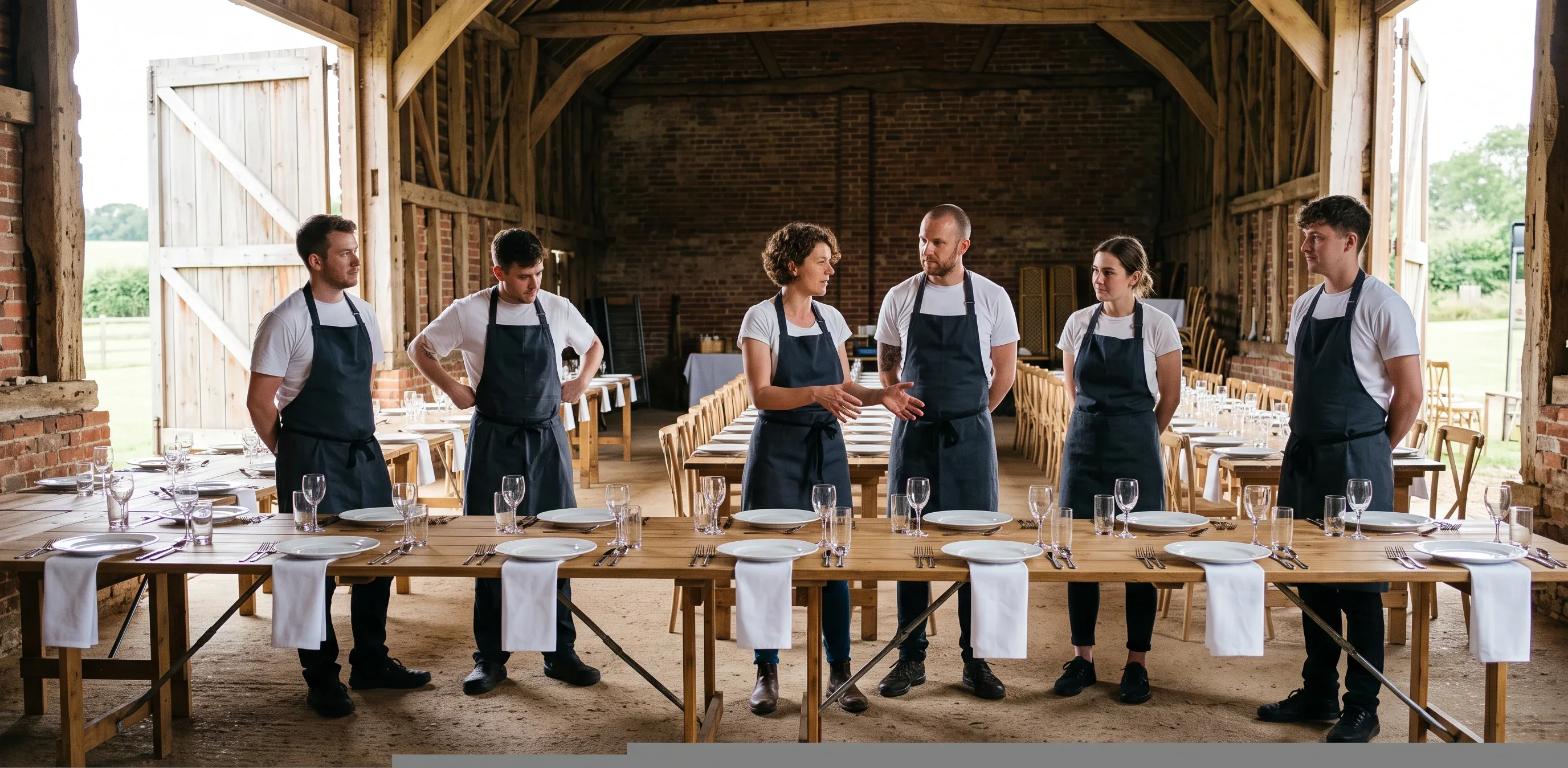 The catering team in aprons along a long empty trestle table in a barn before service, with daylight coming through the open doors behind them