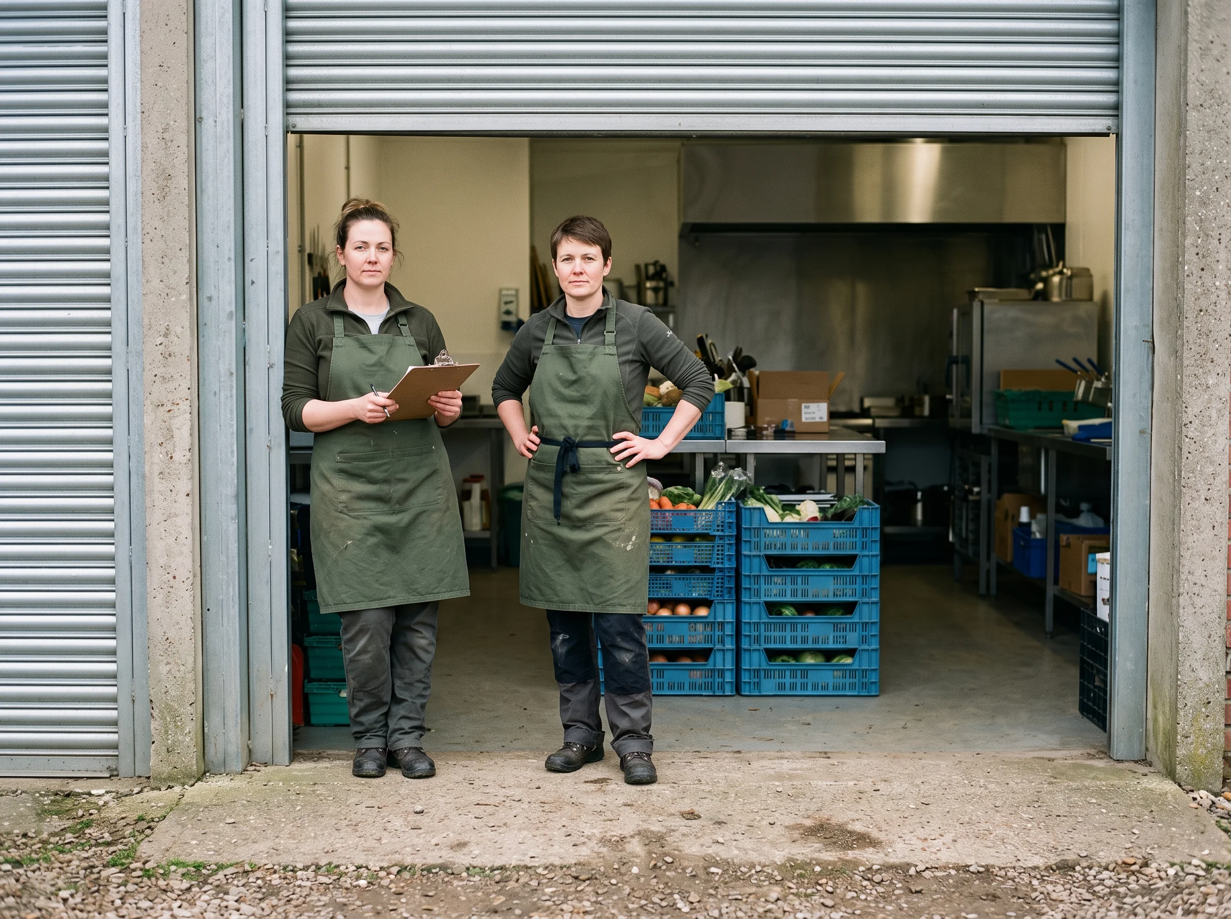 Two caterers in aprons standing in the open roller door of a kitchen unit with crates of produce behind them, looking at the camera in morning light