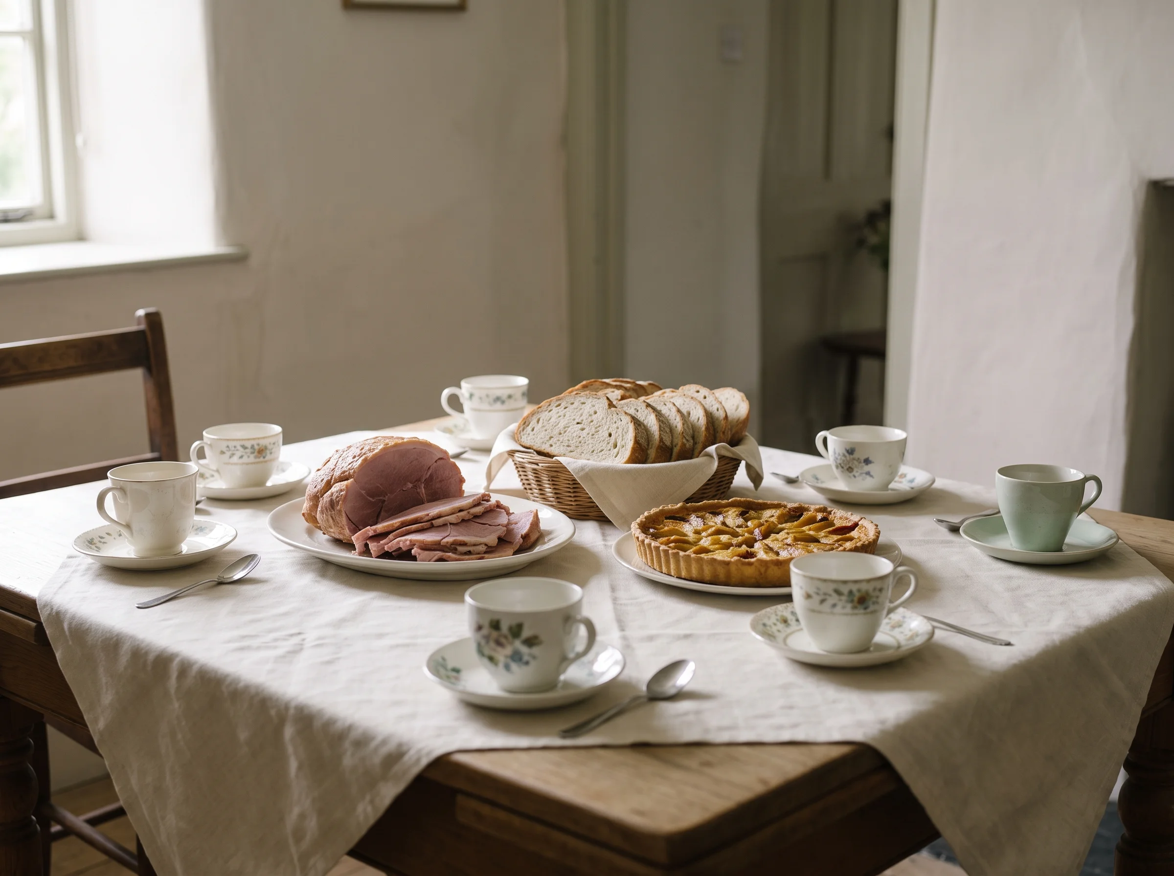A plain table of ham, bread, a tart and stacked tea cups set out in a quiet room with soft daylight from one window, before anyone has arrived