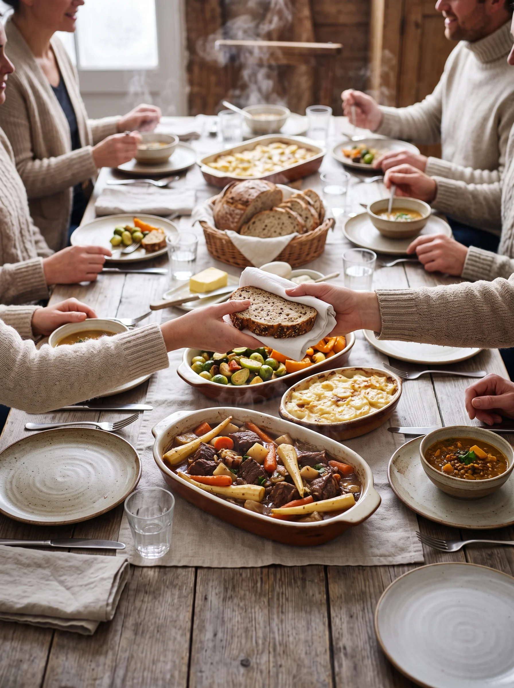 A long indoor table filled with various winter dishes and bowls of soup while people pass pieces of bread wrapped in a napkin.