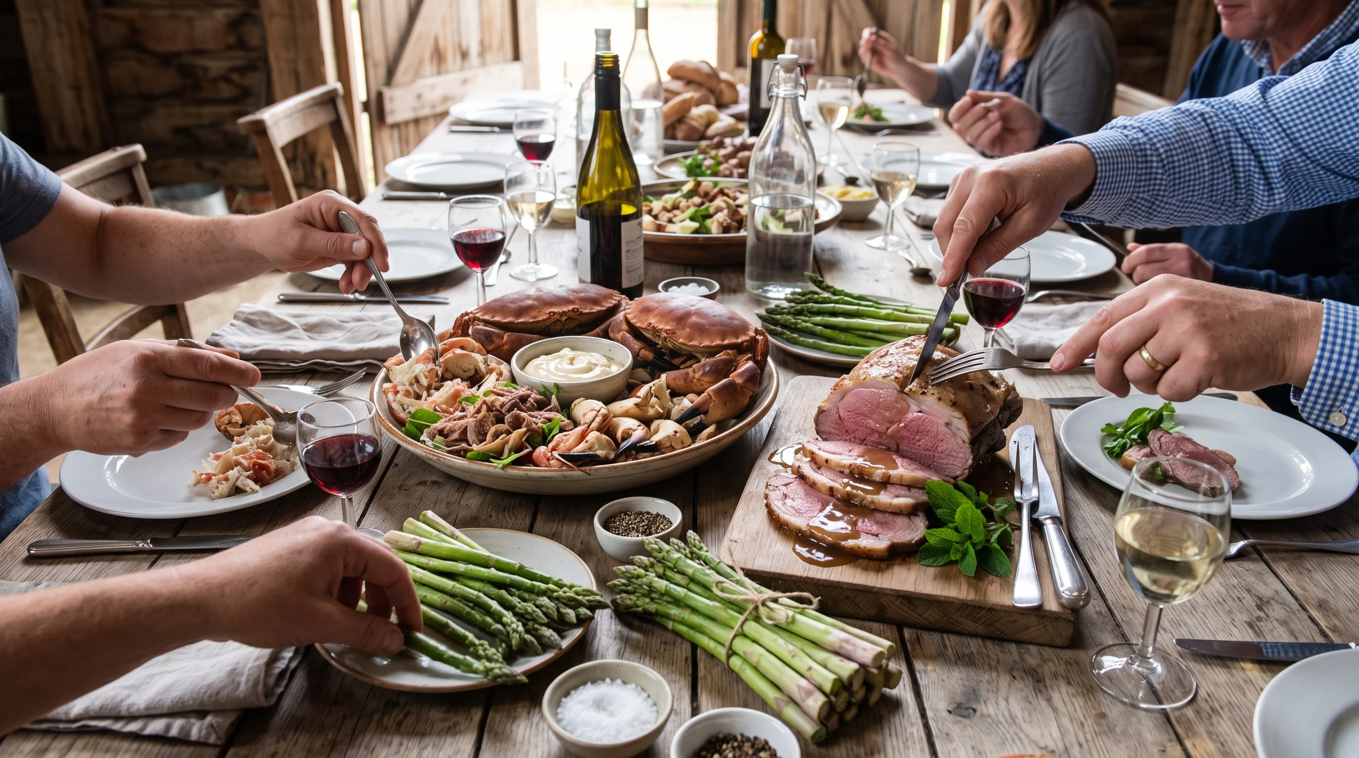 Side-angle view of a wooden table laden with a crab platter, bundles of asparagus, and carved lamb, with guests' hands reaching in from the edges in daylight.