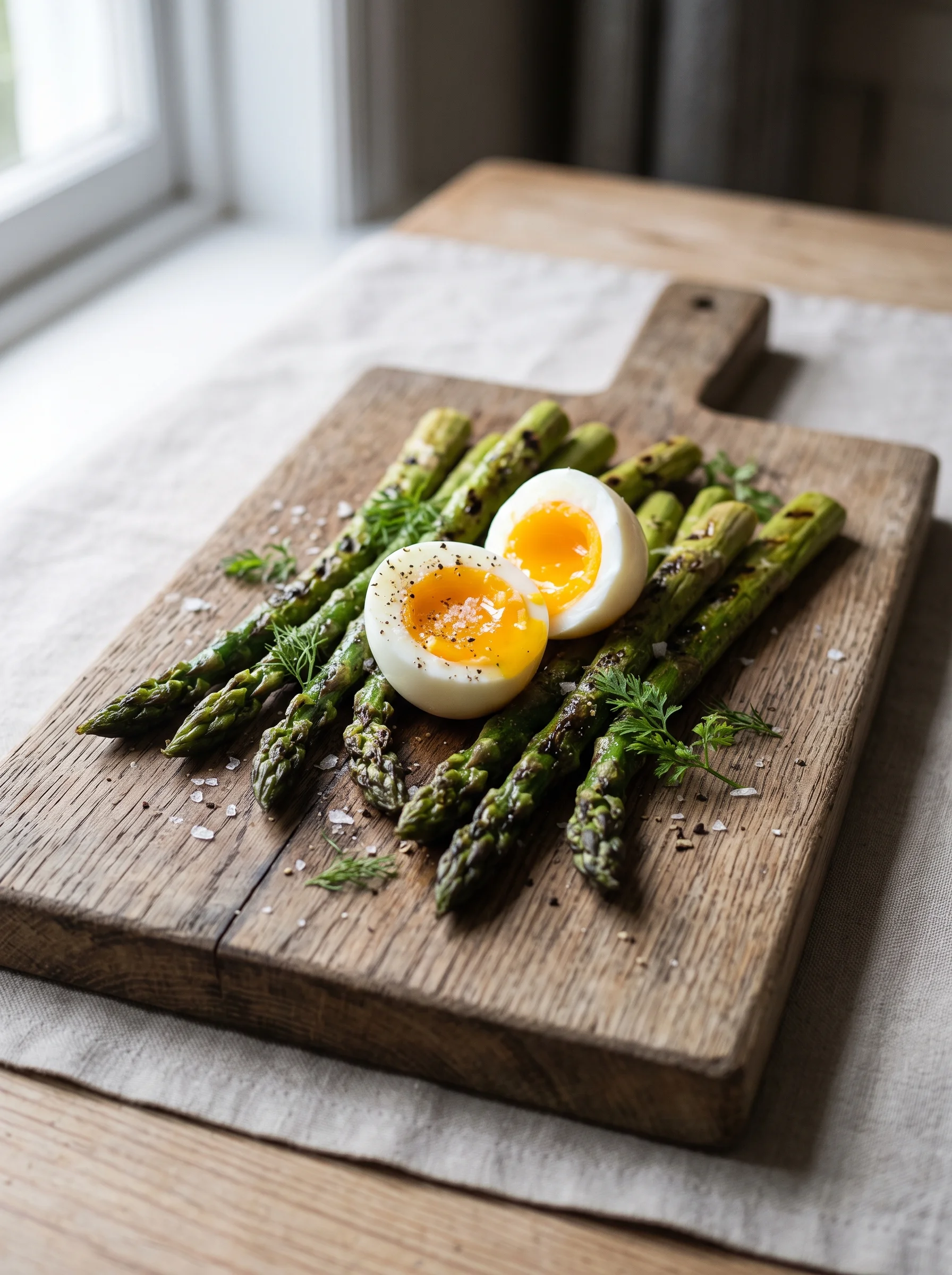 Grilled asparagus spears topped with a soft-boiled egg cut in half on a wooden board.