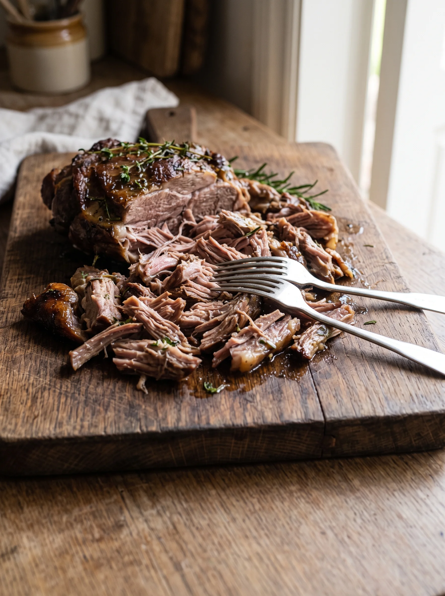 A slow-roasted saltmarsh lamb shoulder being pulled apart with two forks on a wooden board in daylight