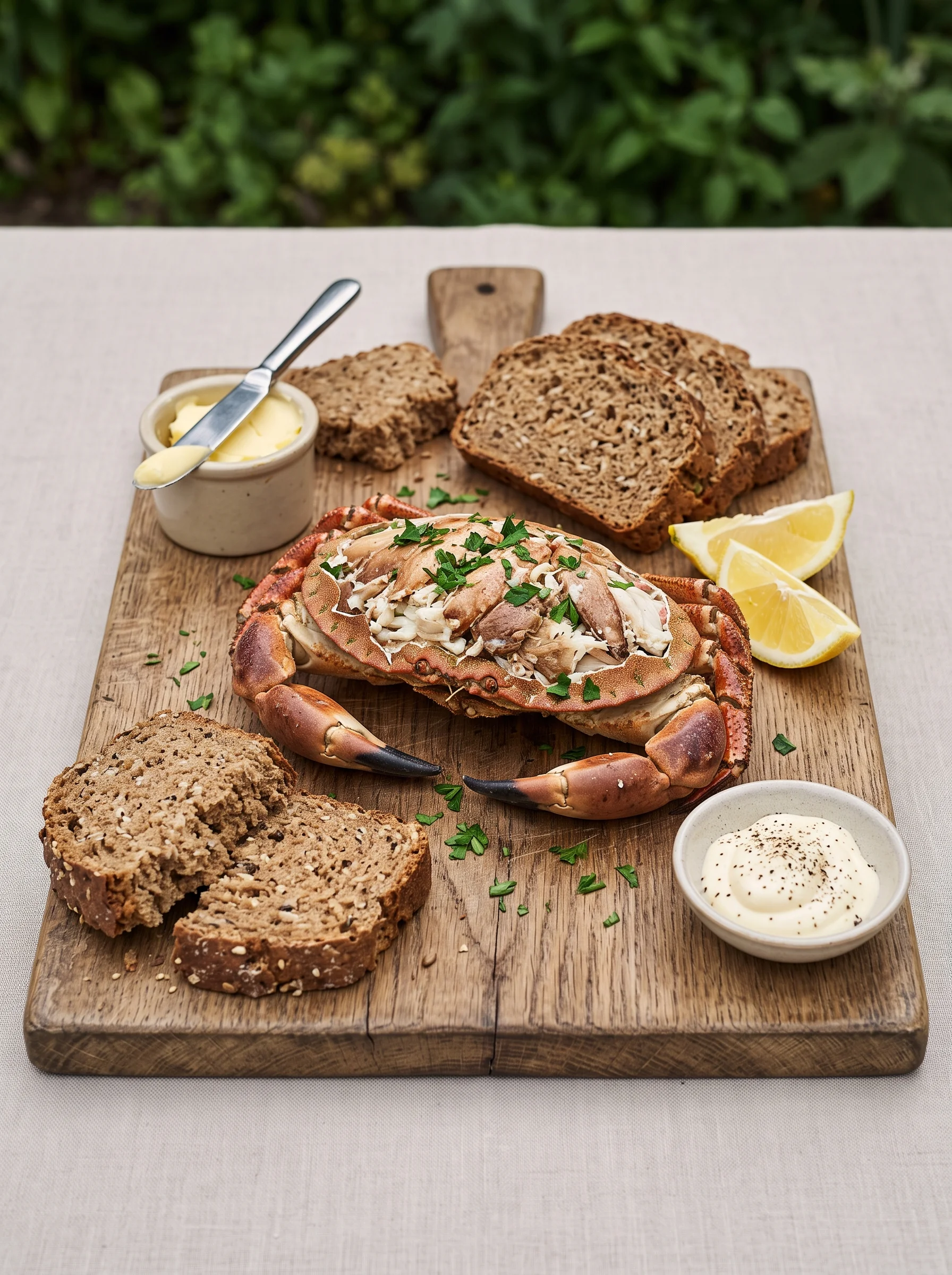 A whole dressed Cromer crab on a wooden board with a lemon wedge and torn brown bread in daylight