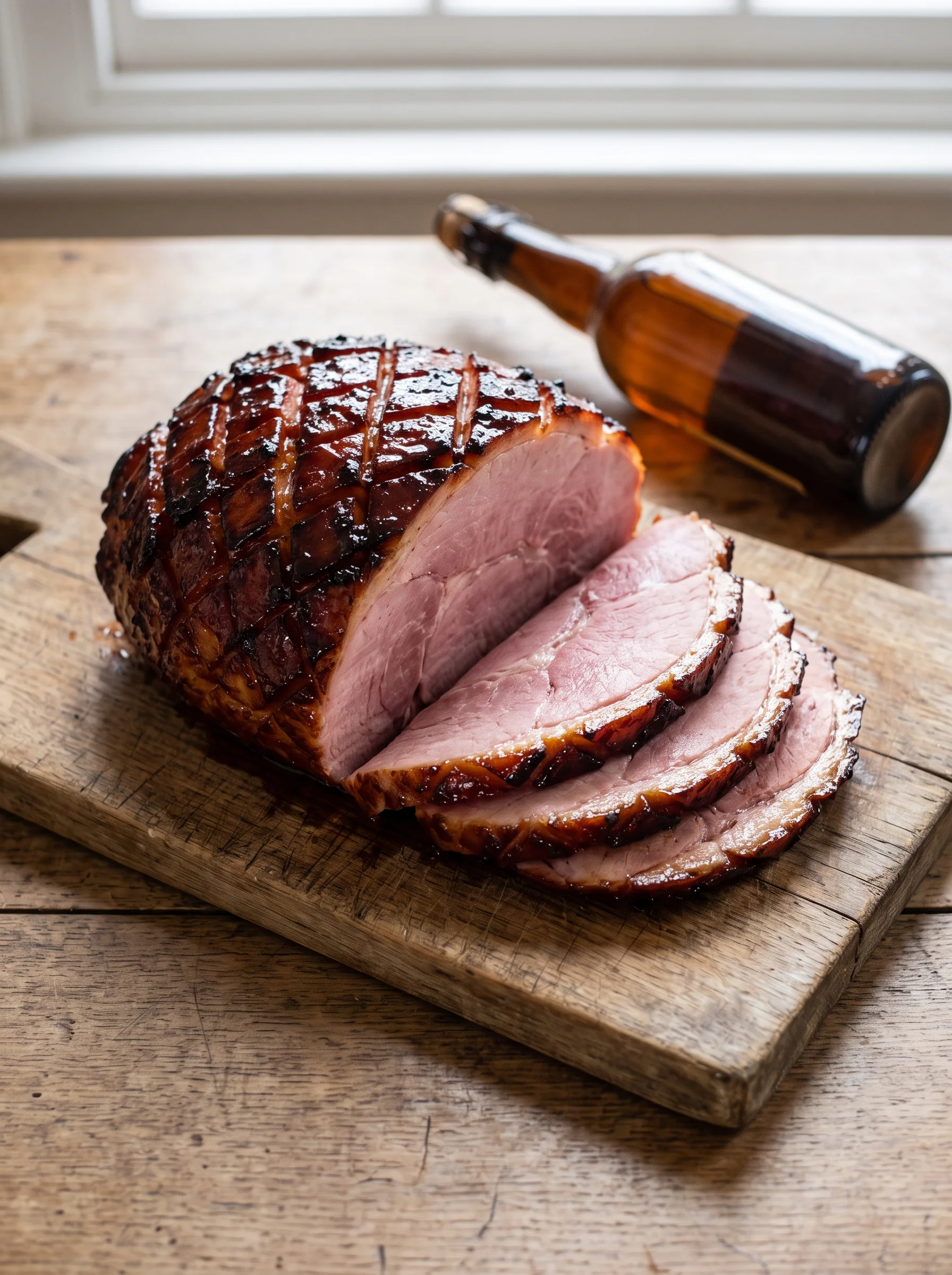 A cider-baked ham with a dark mustard glaze, partly carved, on a wooden board with a bottle of cider in flat winter daylight